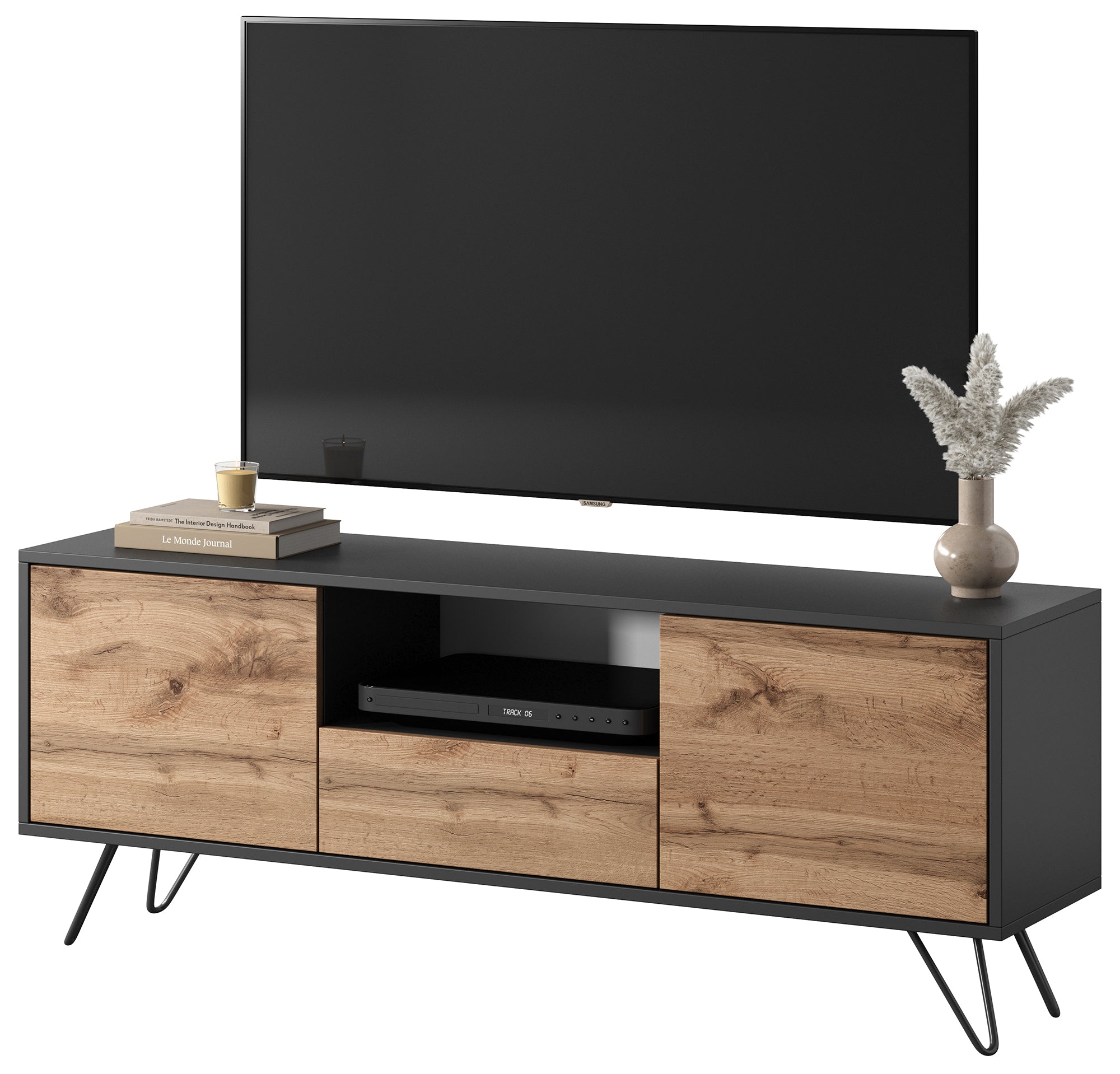 TV-Schrank Ploystea 137 cm Schwarz / Wotan-Eiche