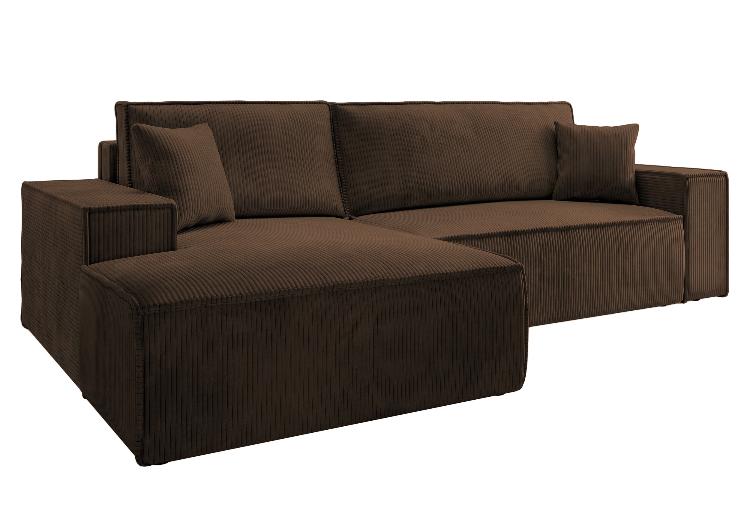 Ecksofa mit Schlaffunktion Farese New, L-förmig, mit Stauraum, brauner Cord, linksseitig