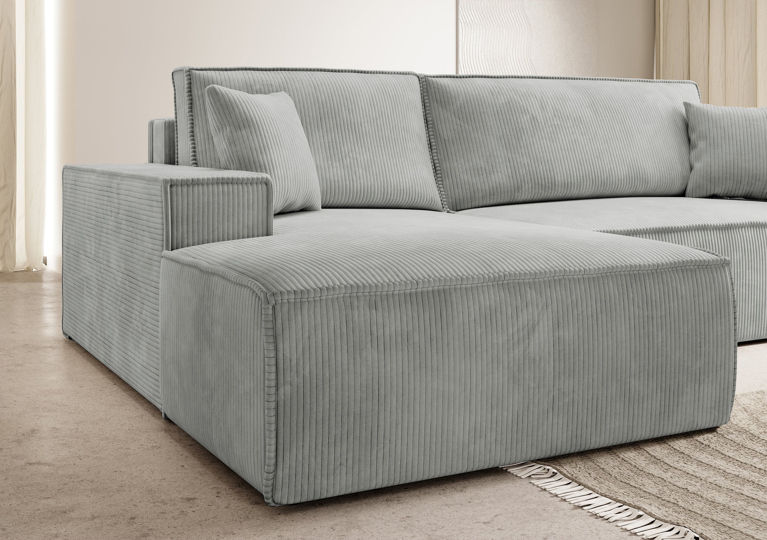 Ecksofa mit Schlafunktion Farese New, L-förmig, mit Stauraum, hellgrauer Cord, linksseitig
