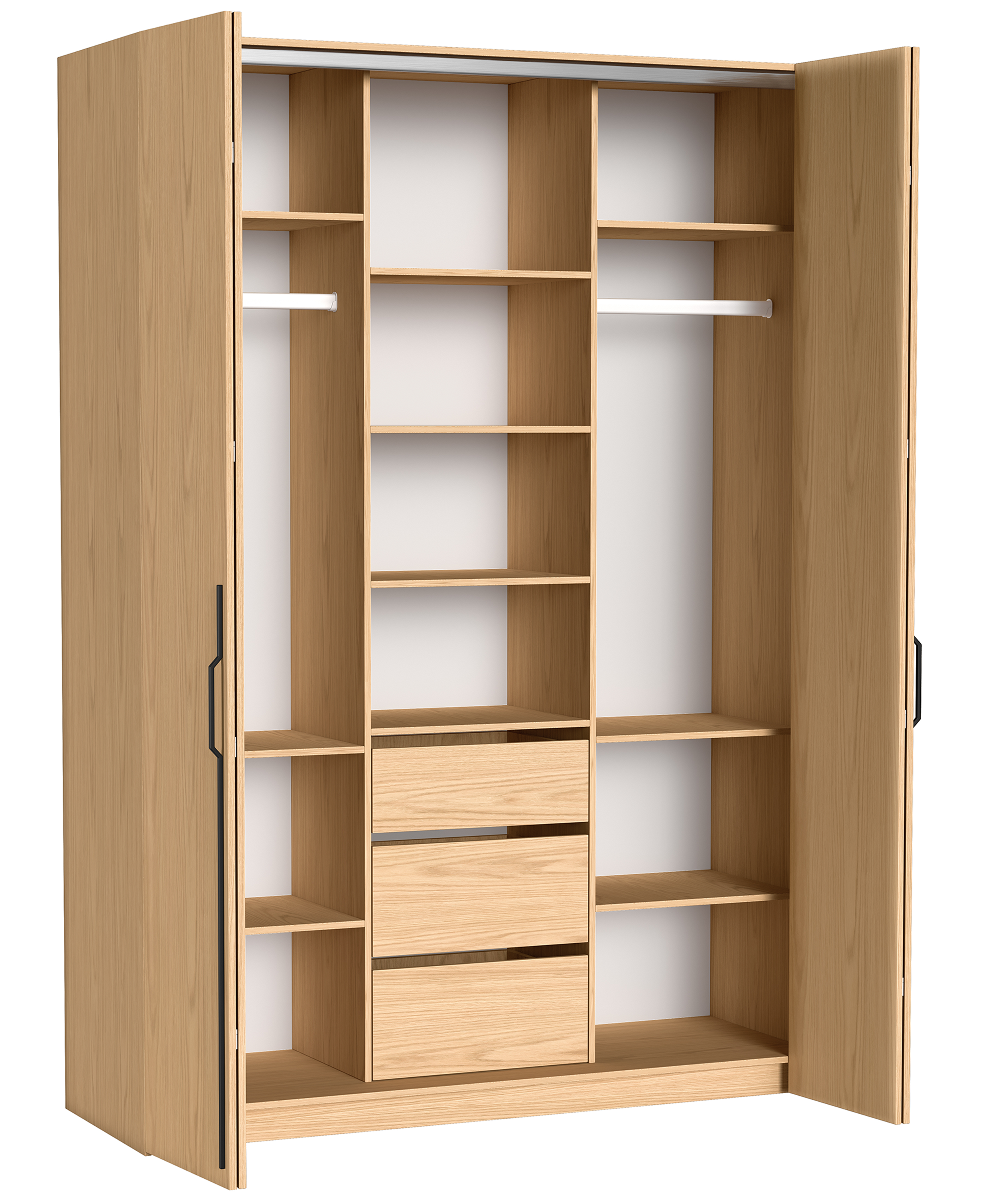 Zweittüriger Schrank Bari mit drei Schubladen, 170 cm, Eiche Bookmatch