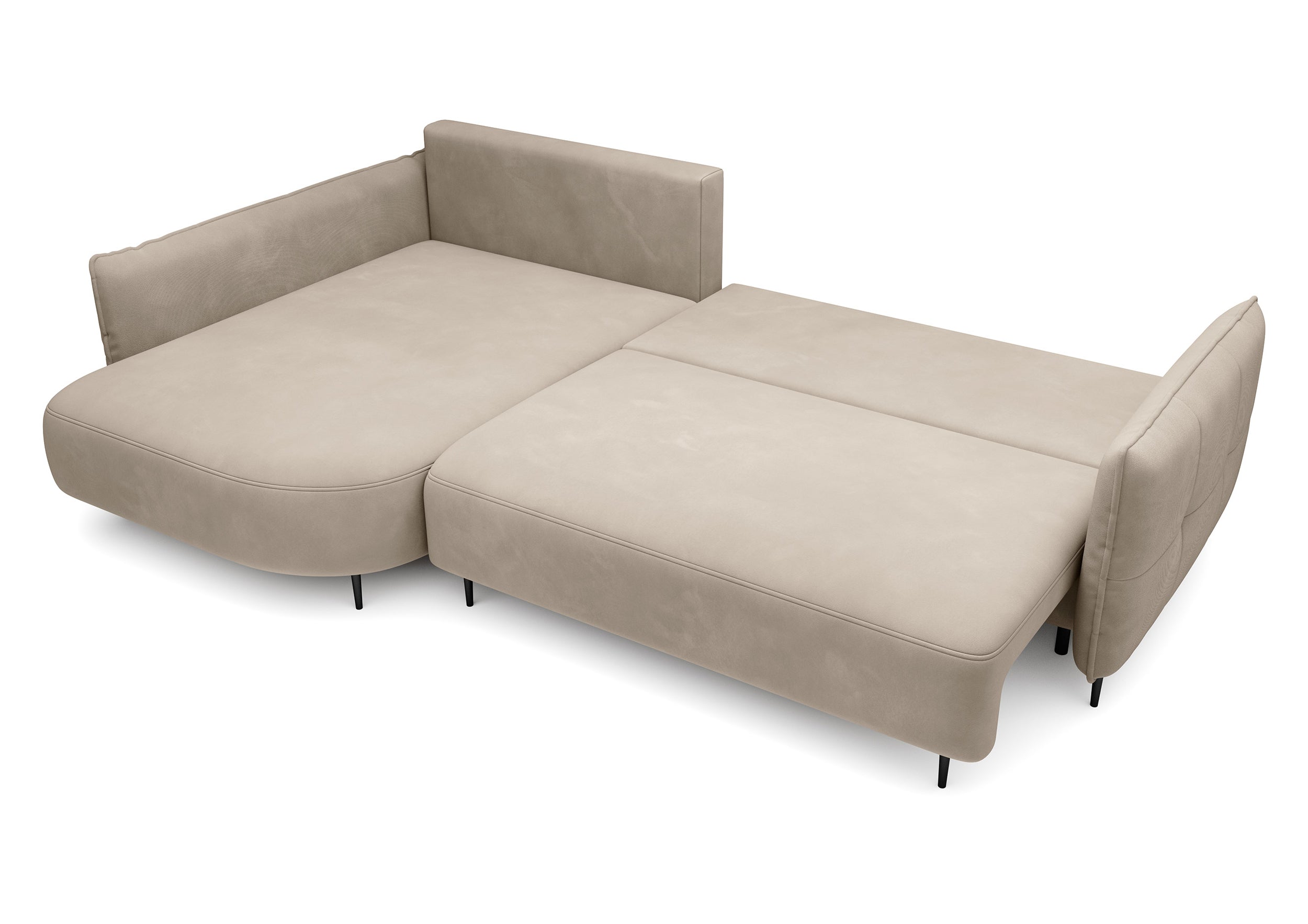 Ecksofa Oblivio mit Schlaffunktion, L-förmig, mit Stauraum, hellbeiger Samt, linksseitig, wasserabweisend