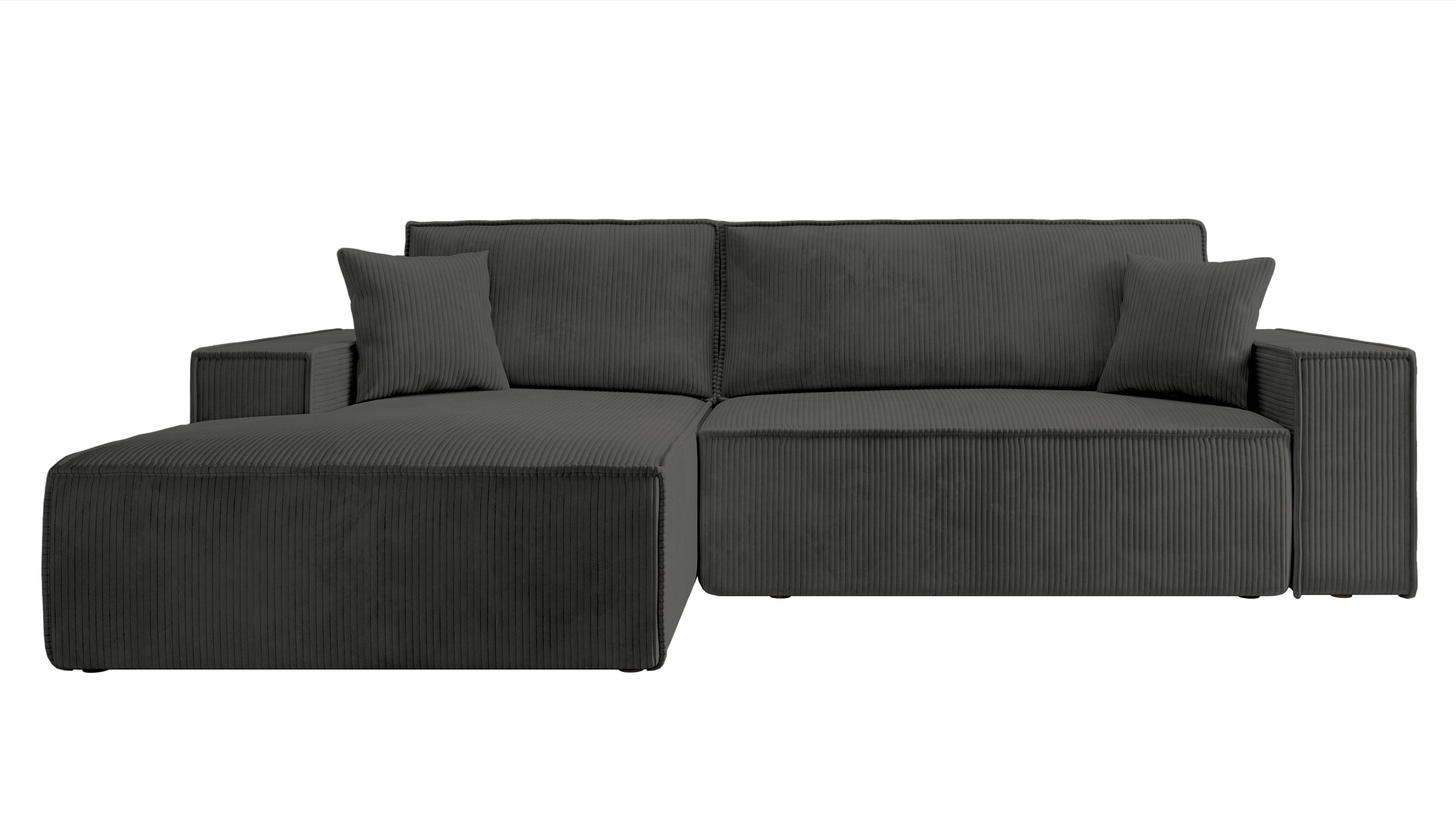 Ecksofa mit Schlaffunktion Farese New L-förmig mit Stauraum, dunkelgrauer Cord, linksseitig
