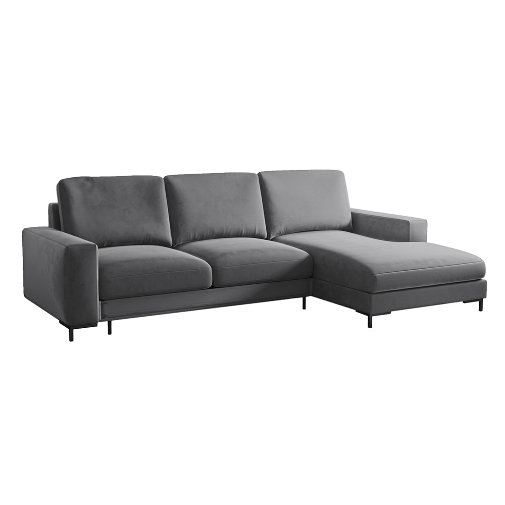 Ecksofa mit Schlaffunktion Mokpeo, L-förmig, mit zwei Stauraumfächern, schwarzen Füßen, grafitfarbener Samt, rechtsseitig