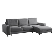 Ecksofa mit Schlaffunktion Mokpeo, L-förmig, mit zwei Stauraumfächern, schwarzen Füßen, grafitfarbener Samt, rechtsseitig