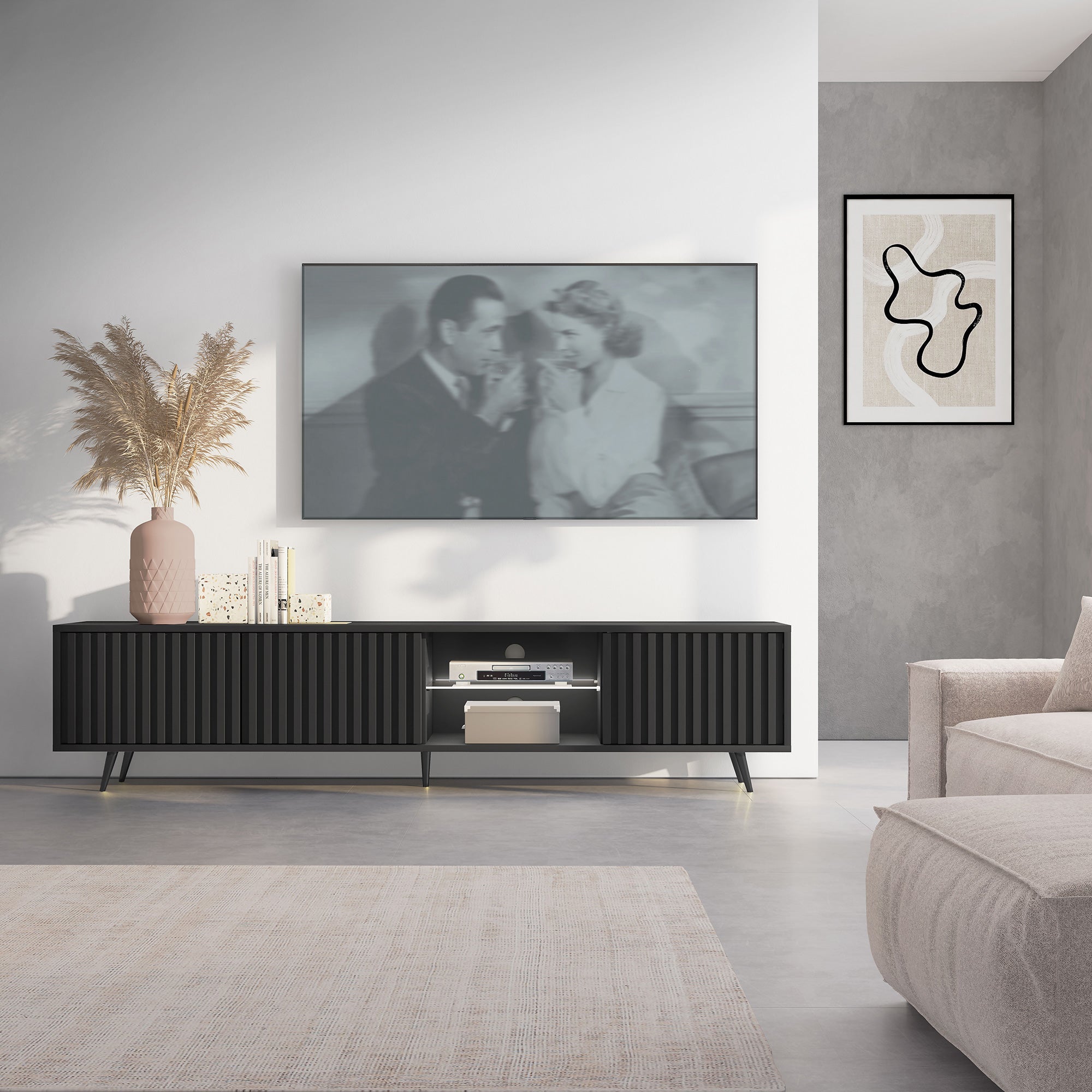 TV-Schrank Bello mit Lamellenfronten, 175 cm, schwarz, mit LED und schwarzen Beinen