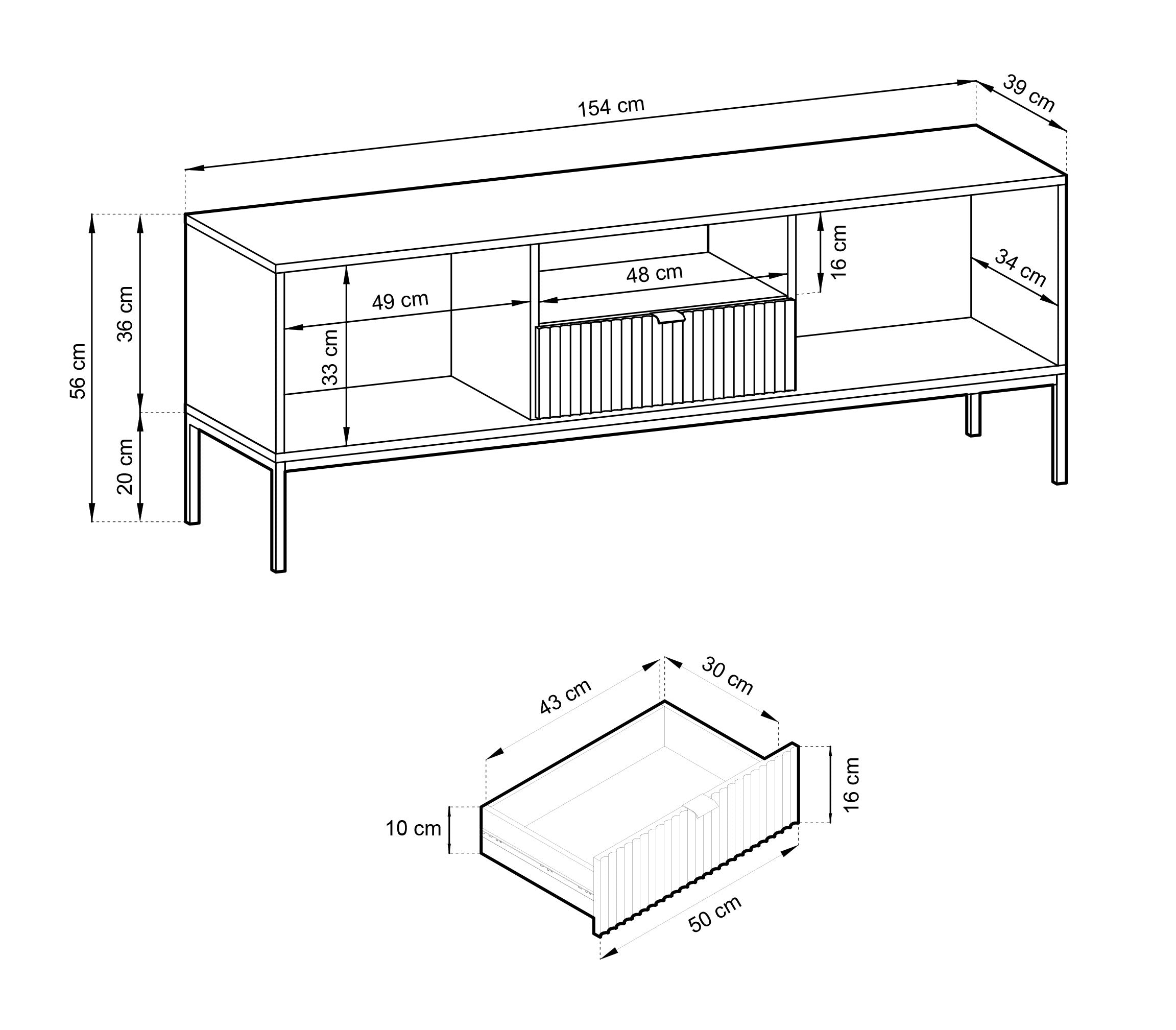 TV-Schrank Vellore 154 cm weiß mit geriffelten Fronten und goldenen Griffen