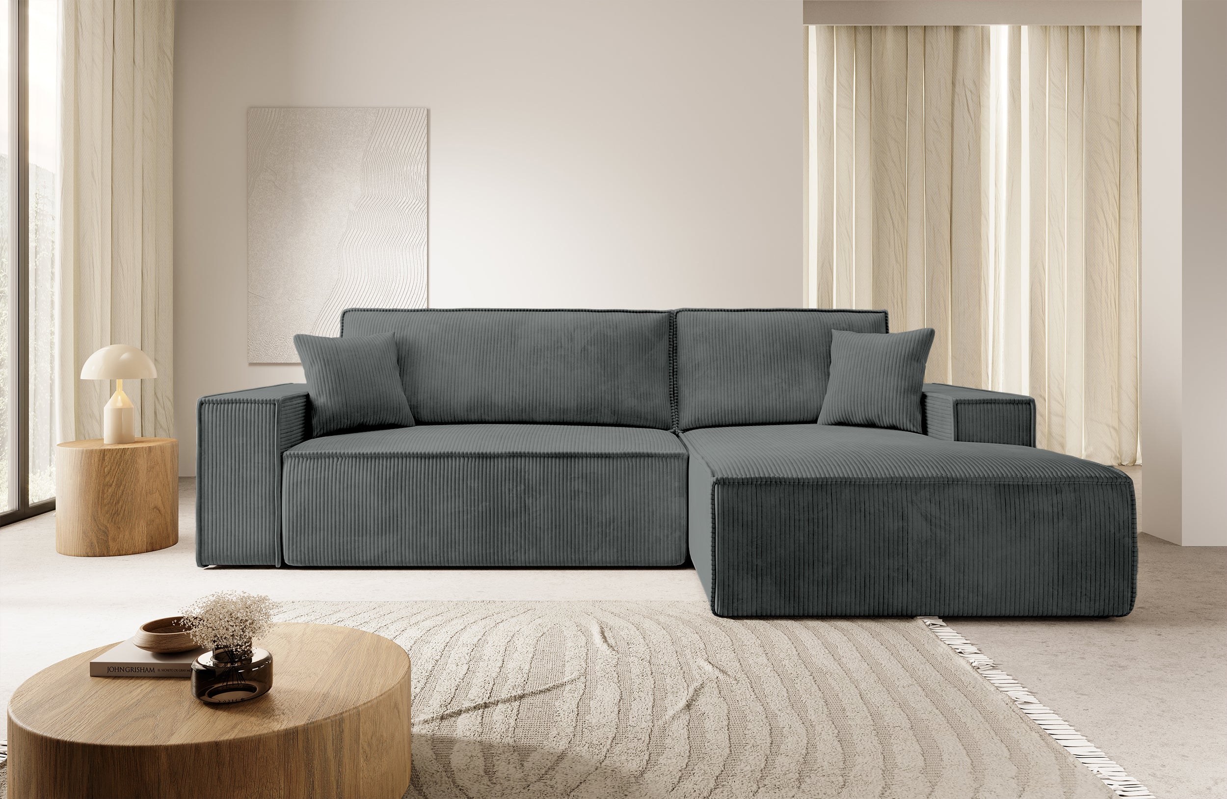 Ecksofa mit Schlaffunktion Farese New L-förmig mit Stauraum, grauer Cordstoff, rechtsseitig