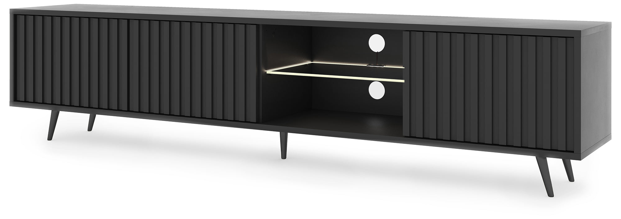 TV-Schrank Bello mit Lamellenfronten, 175 cm, schwarz, mit LED und schwarzen Beinen