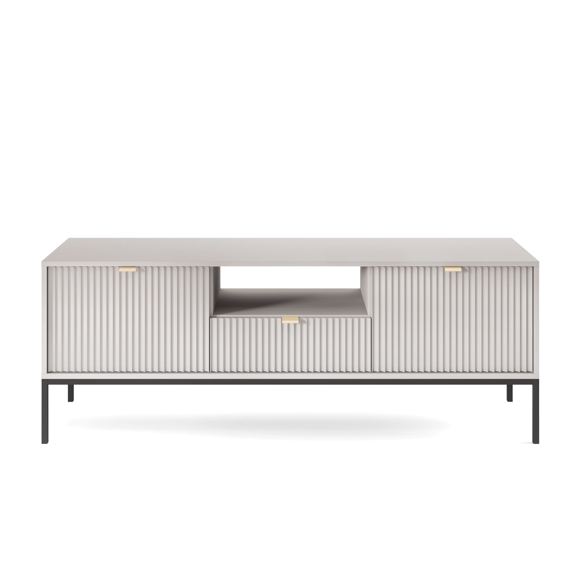 TV-Schrank Vellore 154 cm grau mit geriffelten Fronten und goldenen Griffen