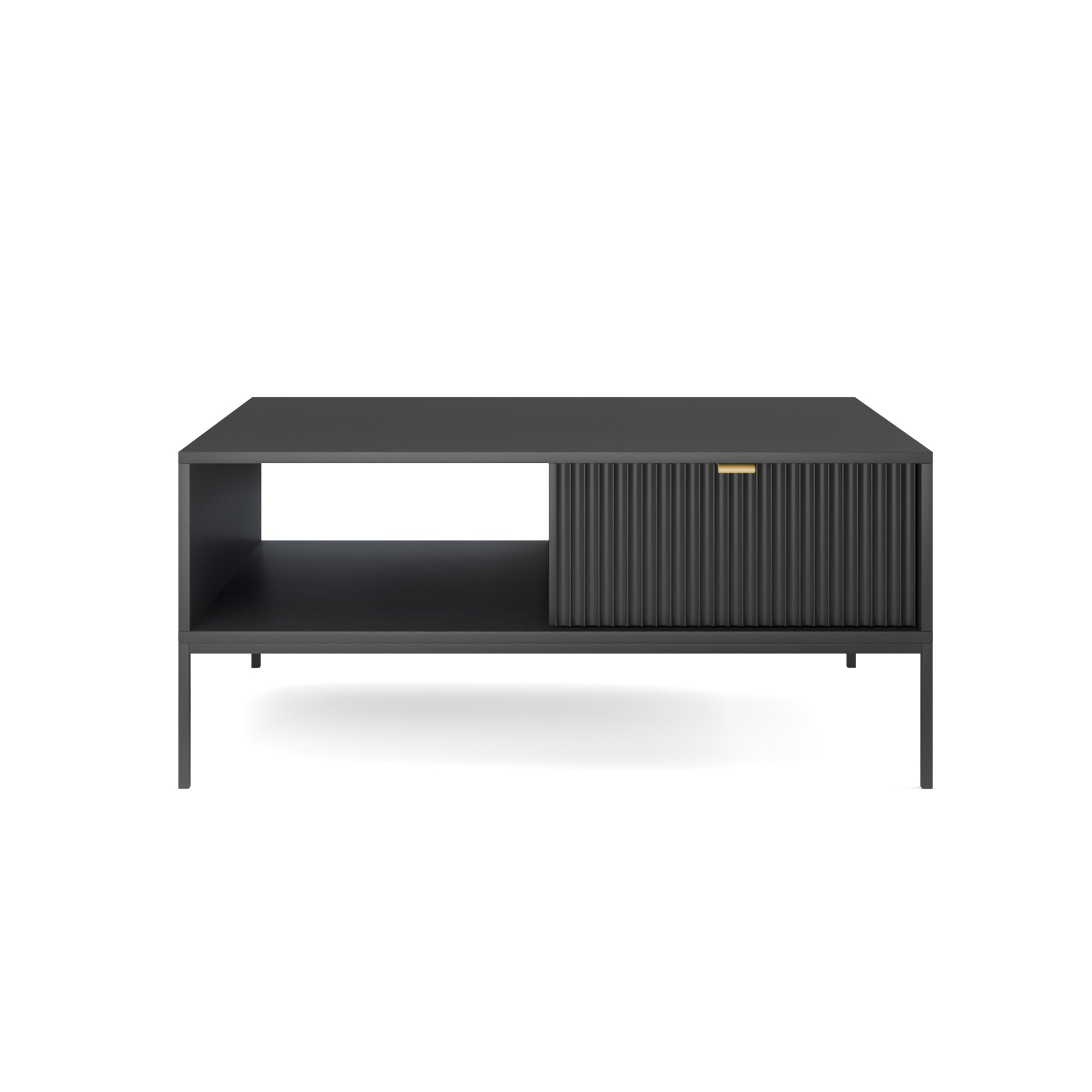 Couchtisch Vellore 104x68 cm schwarz mit geriffelter Front und goldenem Griff