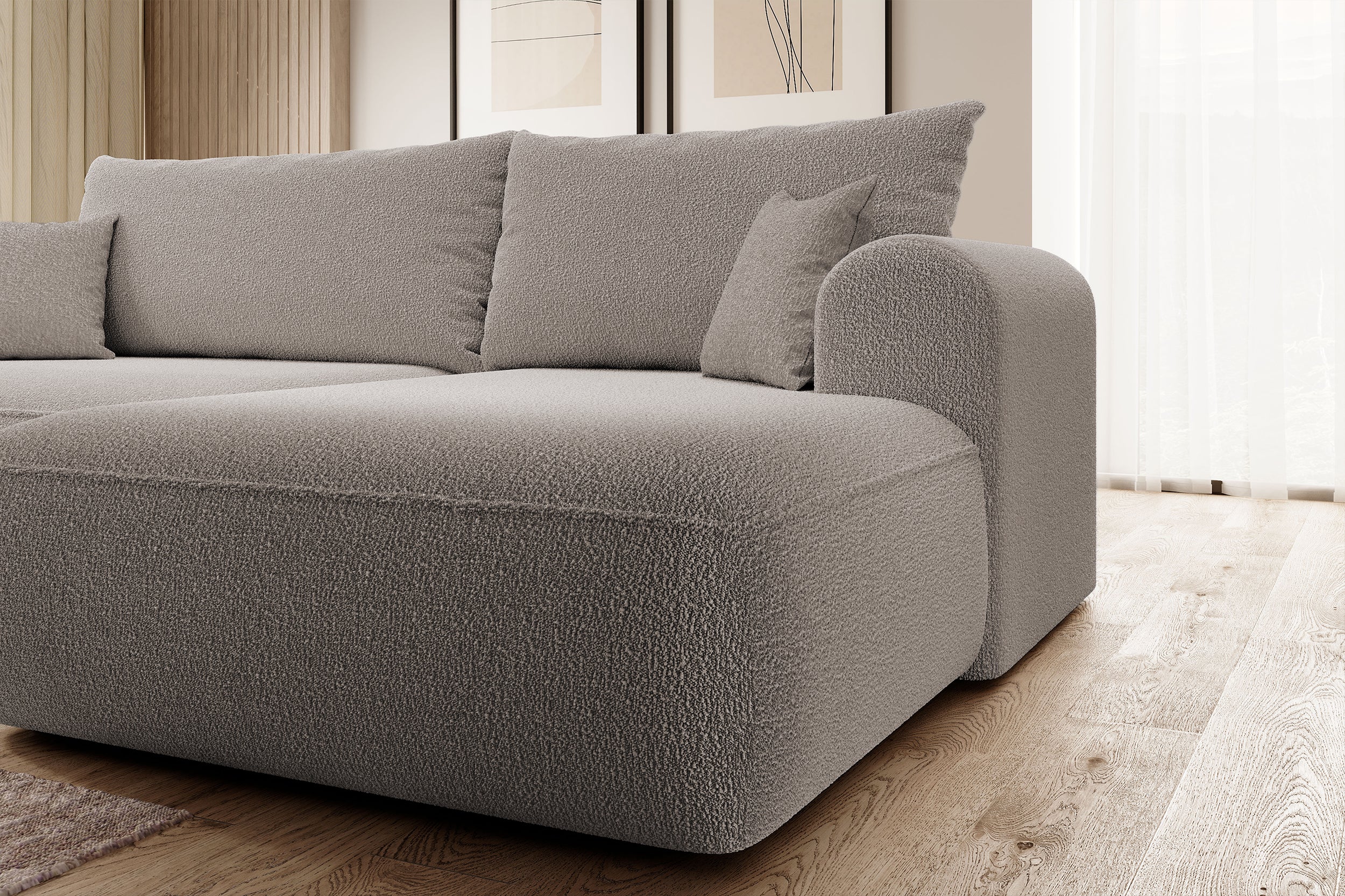 Ecksofa mit Schlaffunktion Ovo, L-förmig, dunkelbeige mit Stauraum, Bouclé, rechtsseitig