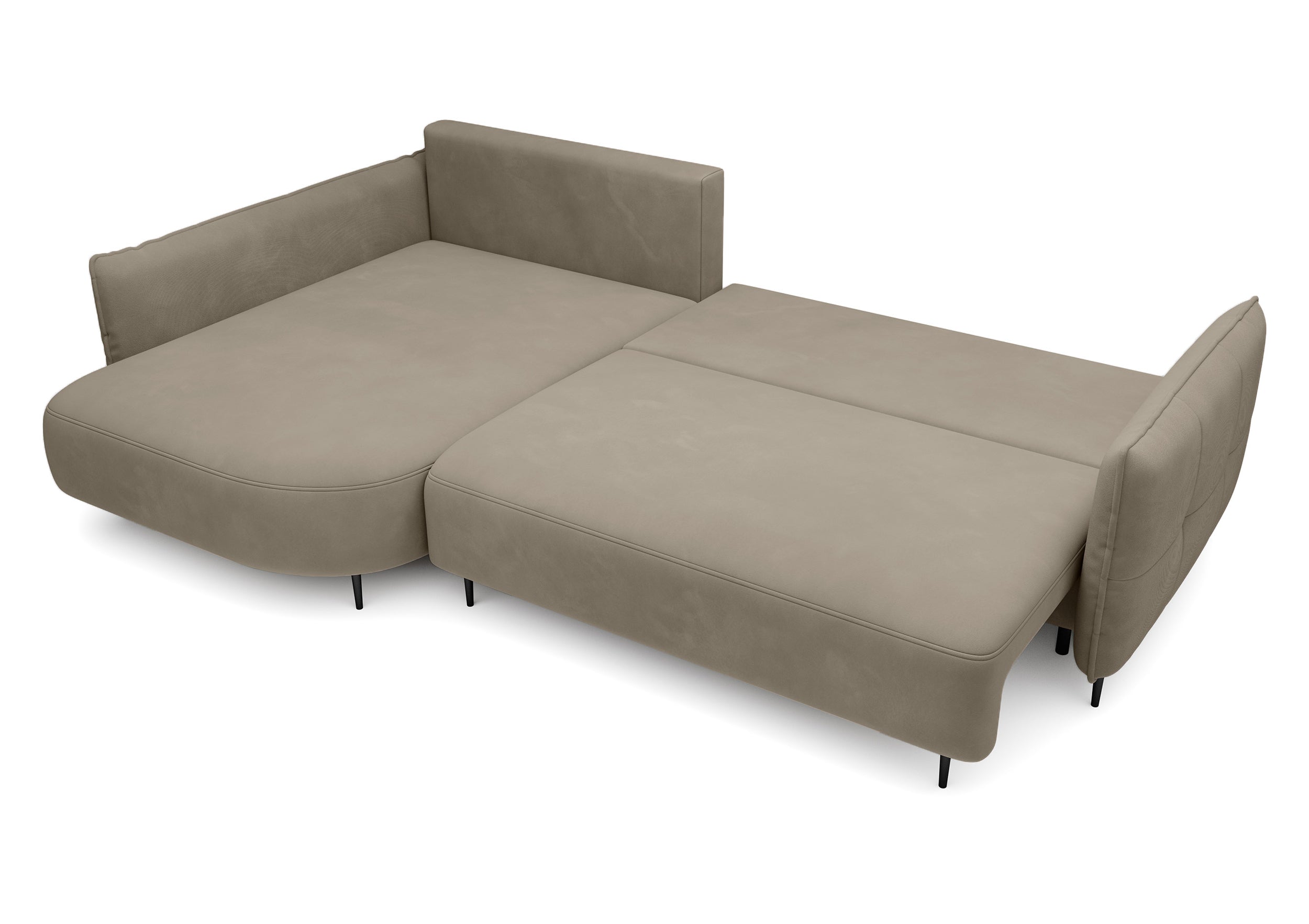Ecksofa Oblivio mit Schlaffunktion, L-förmig, mit Stauraum, hellbraunes Samt, linksseitig, wasserabweisend