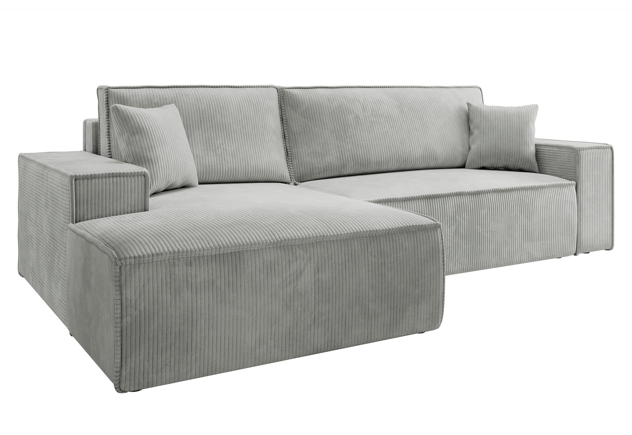 Ecksofa mit Schlafunktion Farese New, L-förmig, mit Stauraum, hellgrauer Cord, linksseitig