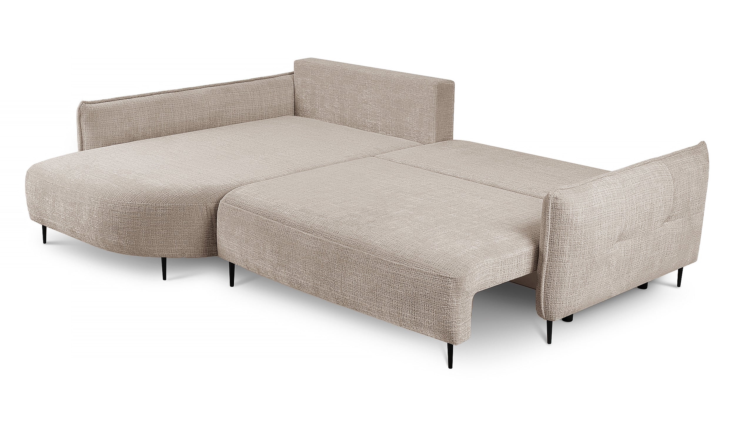 Ecksofa Oblivio mit Schlaffunktion, L-förmig, mit Stauraum, hellbeiger Chenille, linksseitig