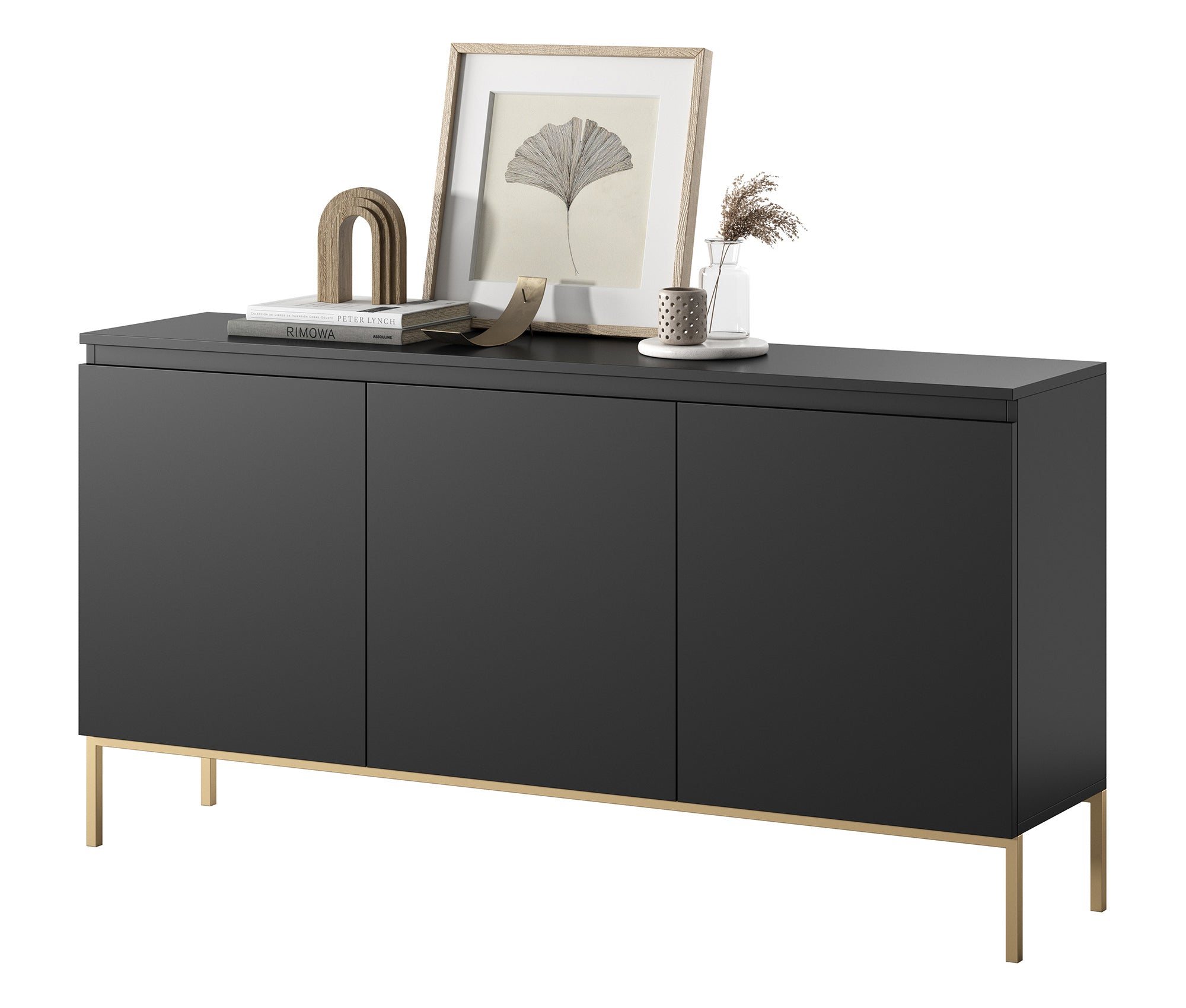 Drehtür-Kommode Bemmi 150 cm schwarz mit goldenen Beinen