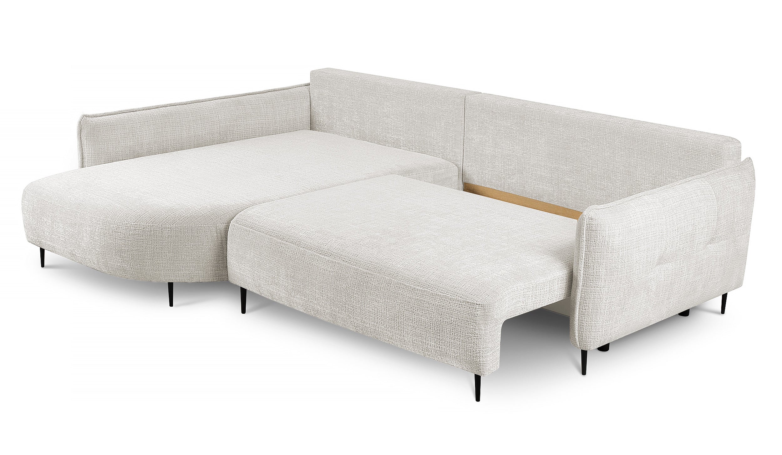 Ecksofa Oblivio mit Schlaffunktion, L-förmig, mit Stauraum, cremefarbener Chenille, linksseitig