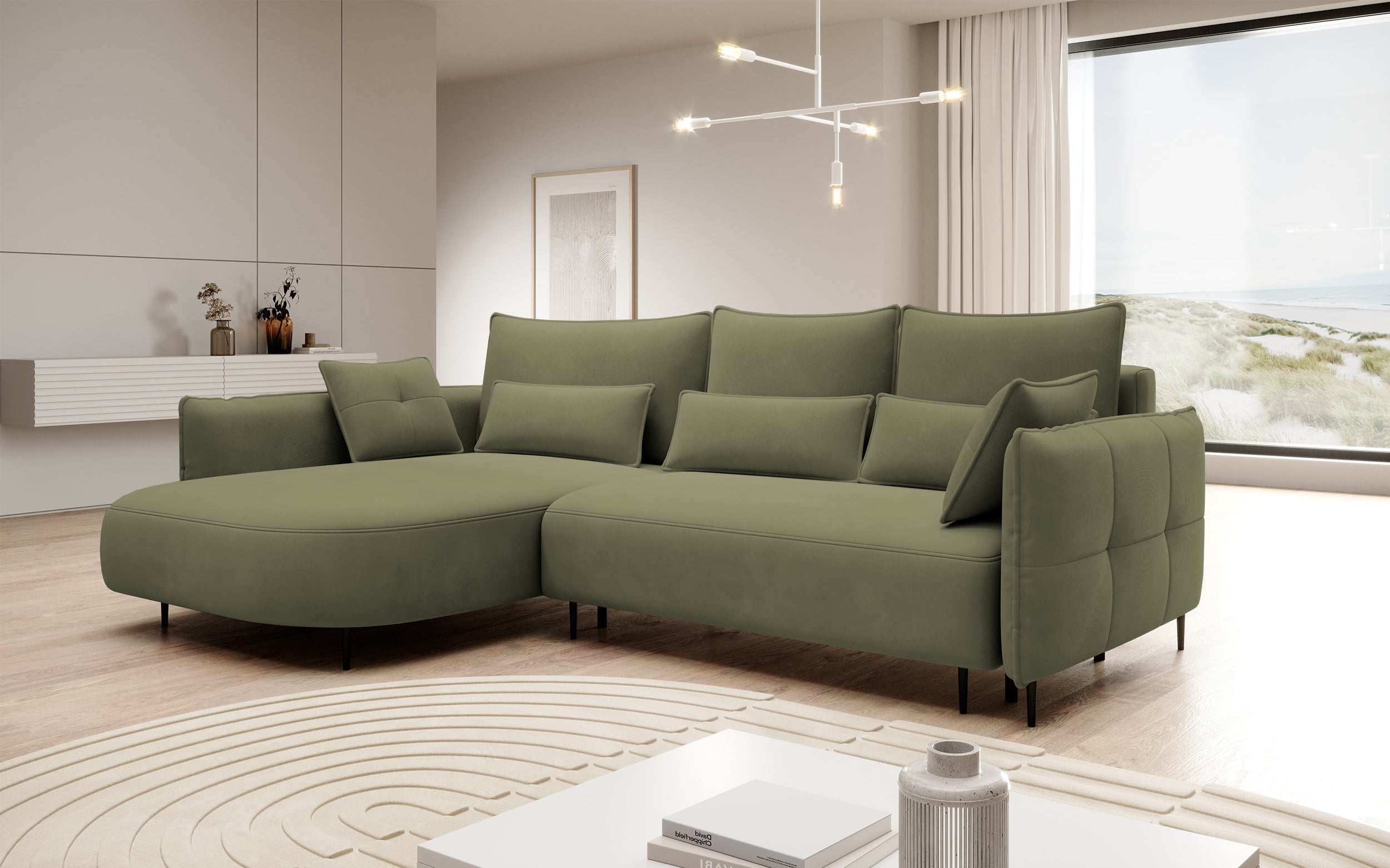 Ecksofa Oblivio mit Schlafunktion, L-förmig, mit Stauraum, olivgrüner Samt, linksseitig, wasserabweisend
