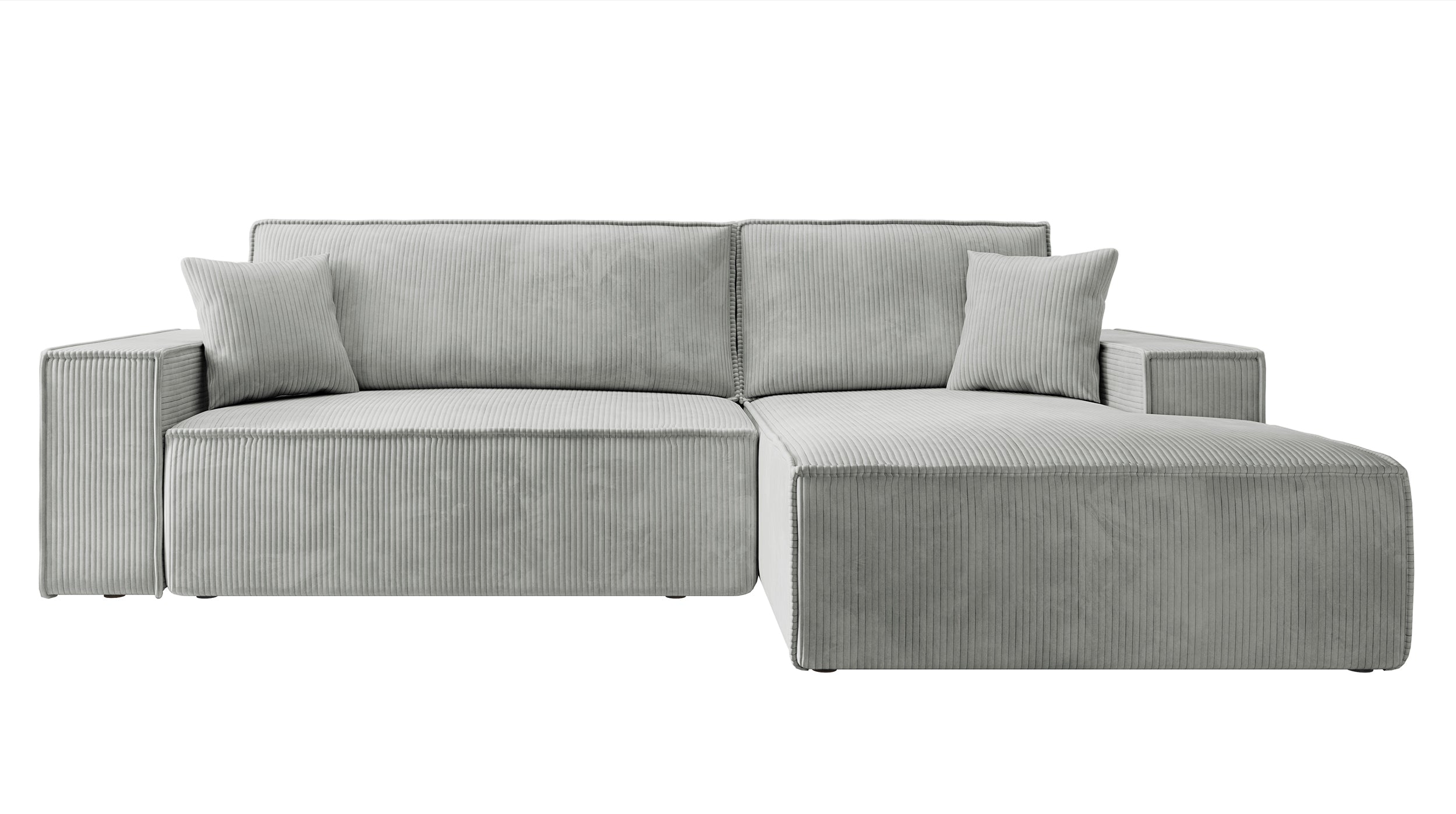 Ecksofa mit Schlaffunktion Farese New, L-förmig, mit Stauraum, hellgrauer Cordstoff, rechtsseitig