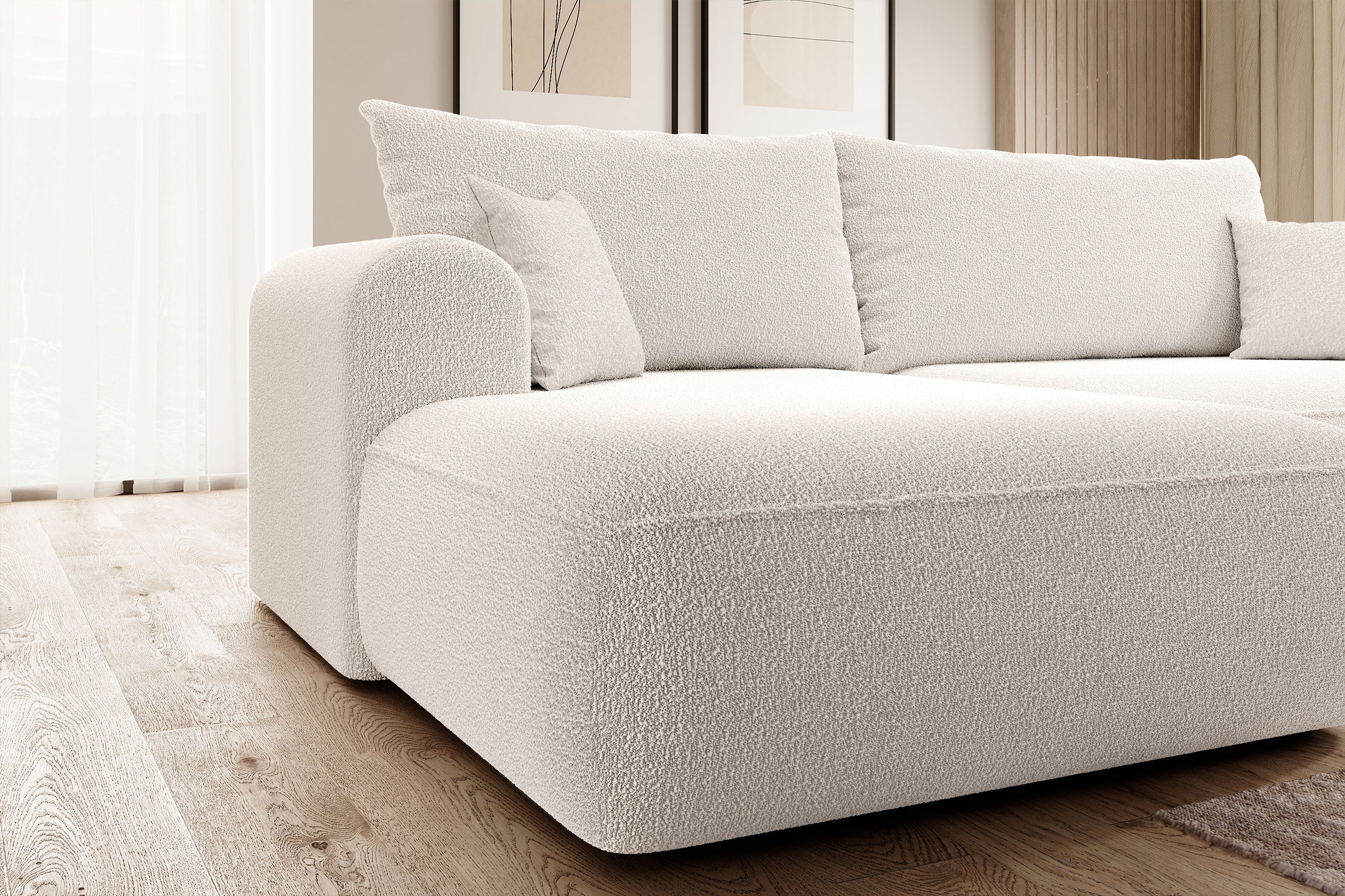 Ecksofa mit Schlaffunktion Ovo, L-förmig, cremefarben mit Stauraum, Bouclé, linksseitig