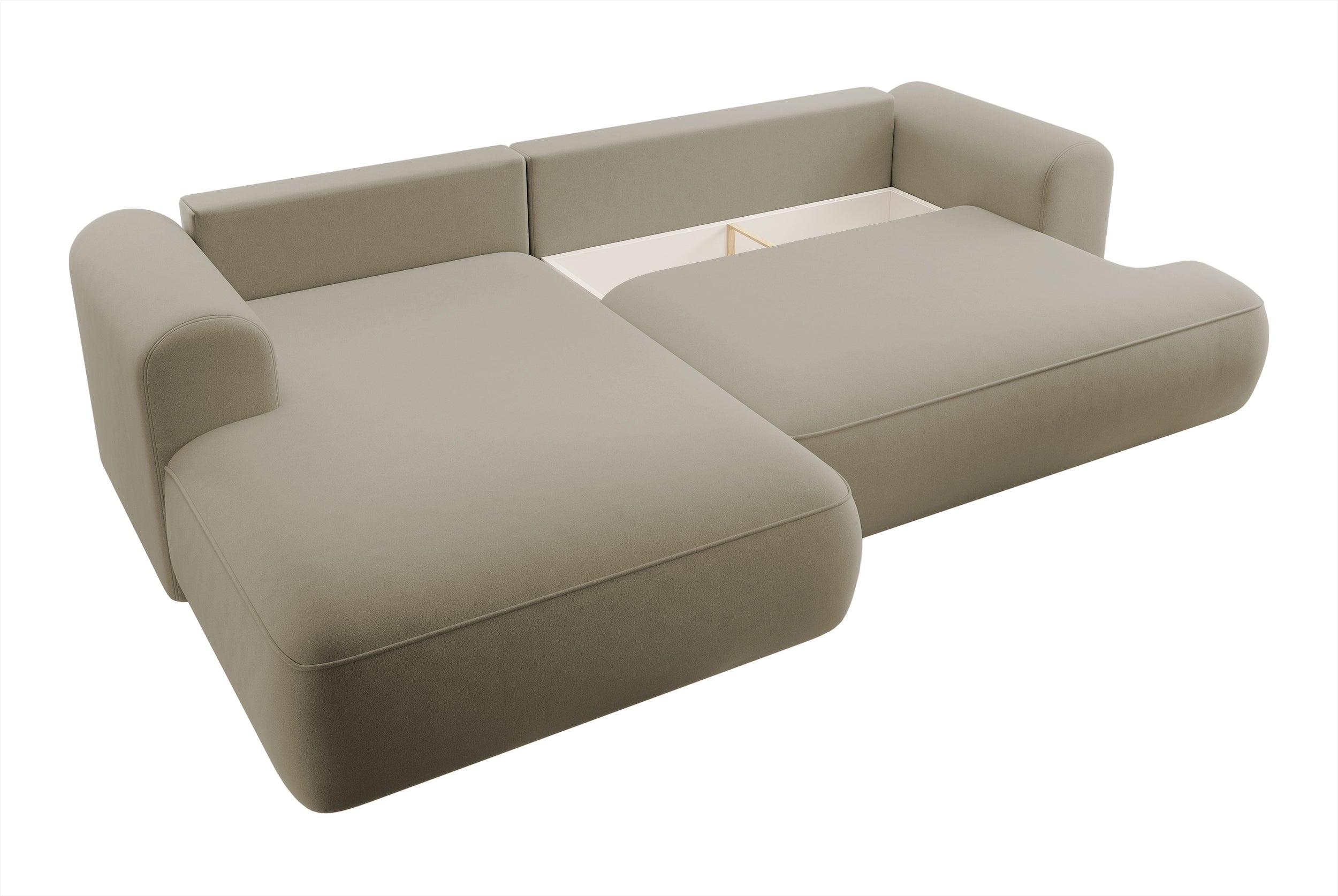 Ecksofa mit Schlafunktion Ovo, L-förmig, beige Velours mit Stauraum, aus leicht zu reinigendem Stoff, linksseitig
