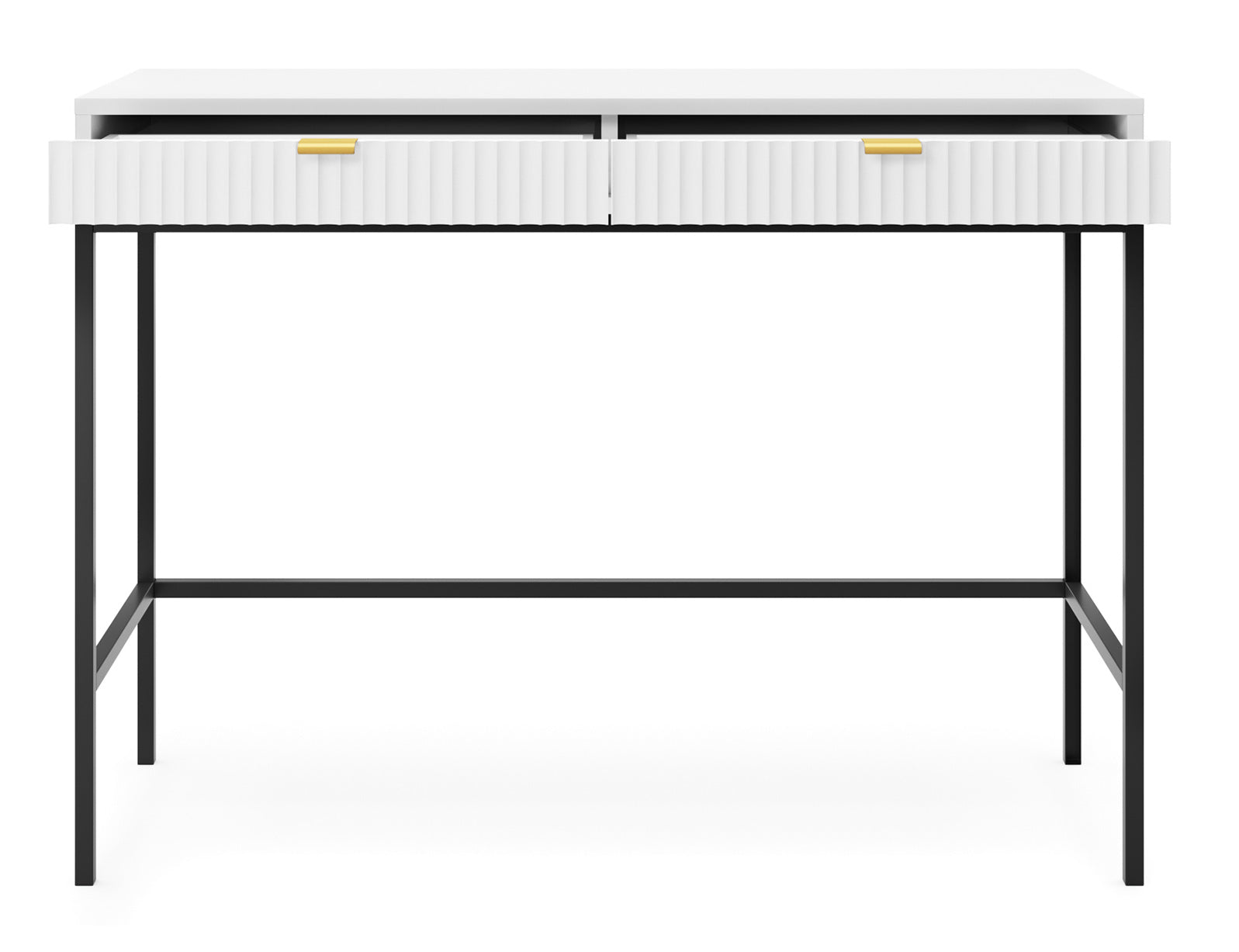 Schminktisch Vellore 104 cm weiß mit gerillten Fronten und goldenen Griffen