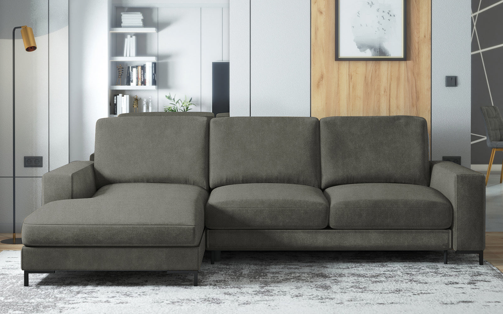 Ecksofa mit Schlaffunktion Mokpeo, L-förmig, mit zwei Stauraumfächern, schwarzen Füßen, grün, aus leicht zu reinigendem Stoff, linksseitig