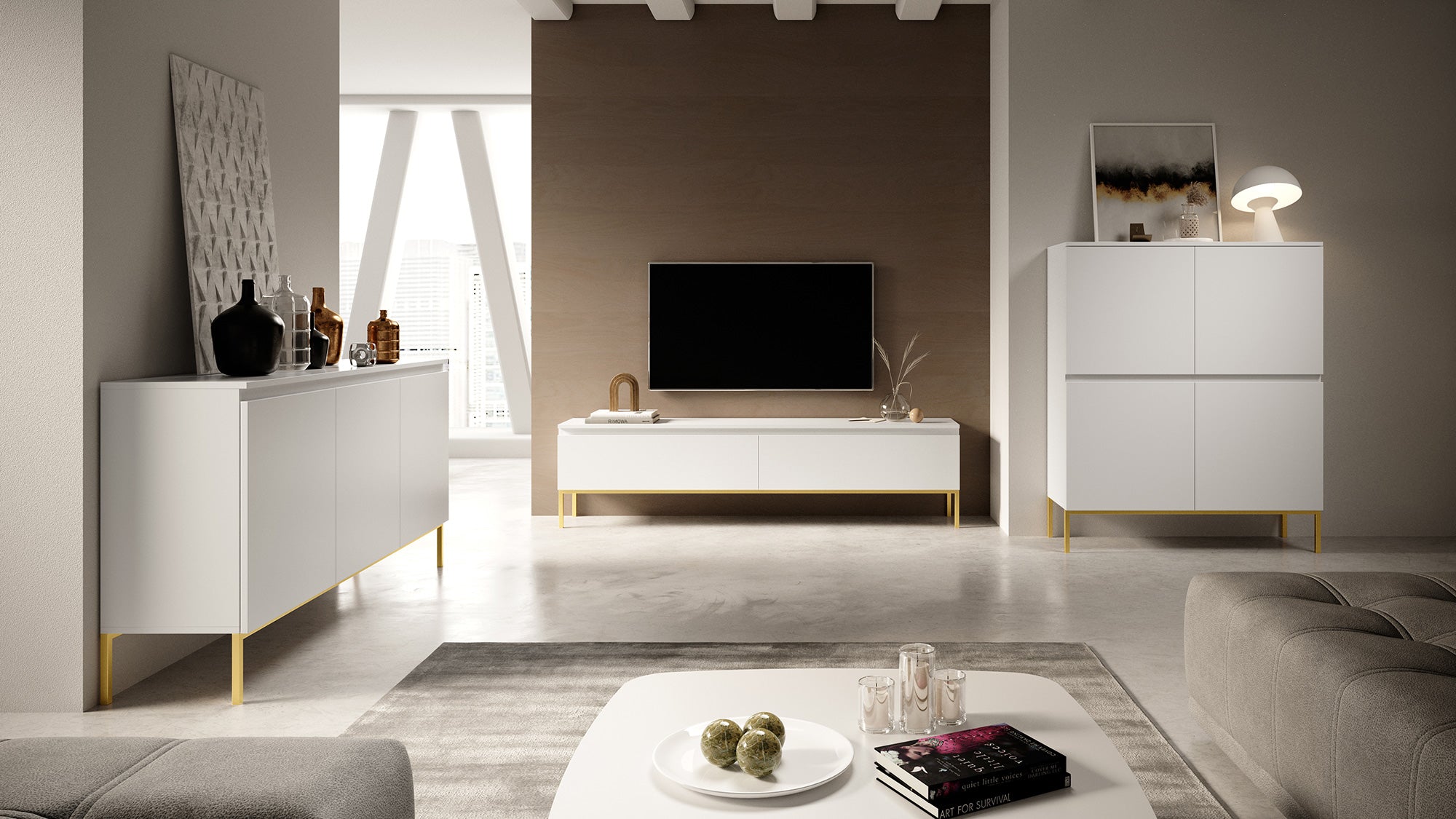 Drehtürenschrank Bemmi 150 cm weiß mit goldenen Beinen