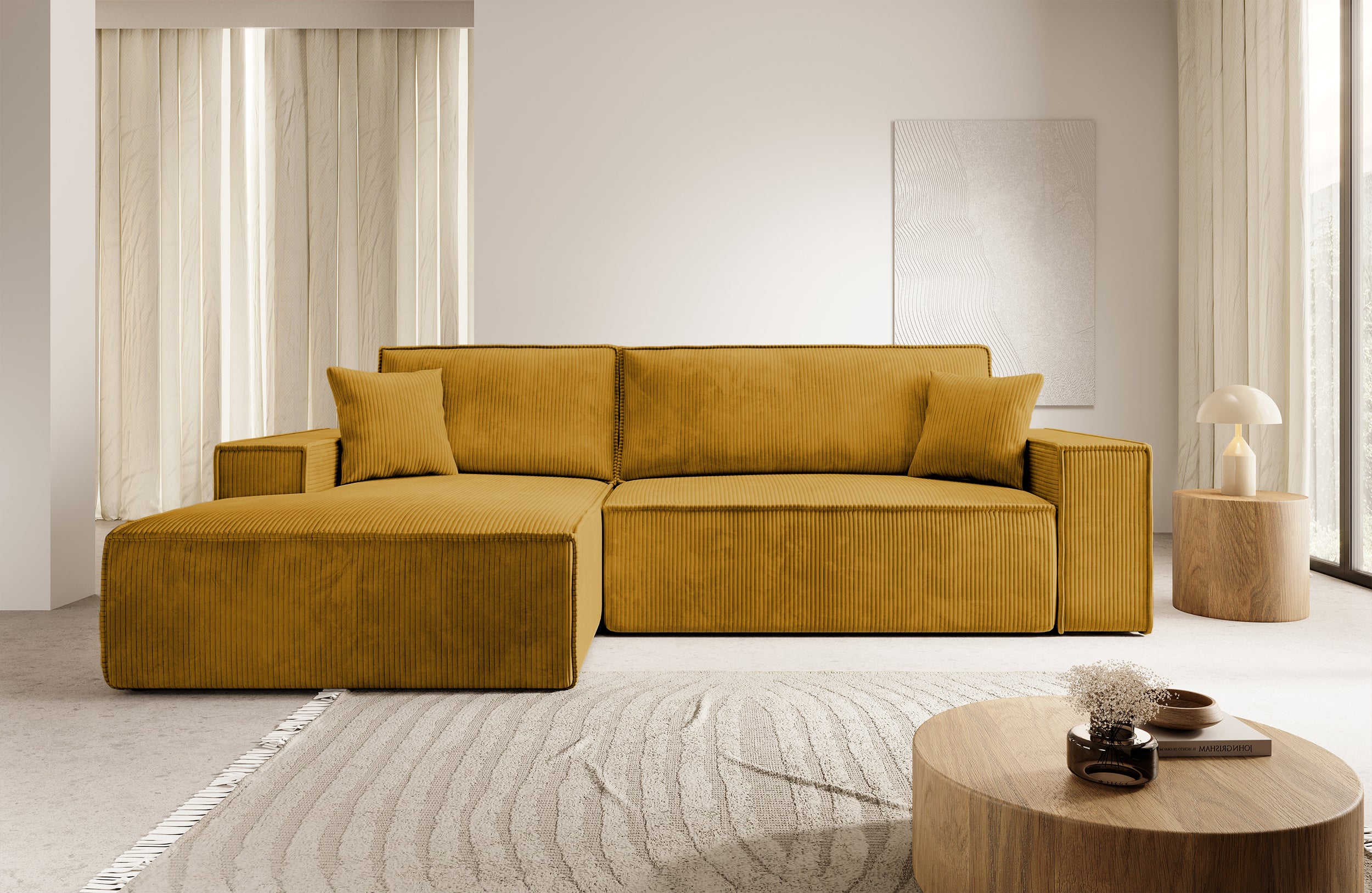 Ecksofa mit Schlaffunktion Farese New, L-förmig, mit Stauraum, senfgelb, Cordstoff, linksseitig