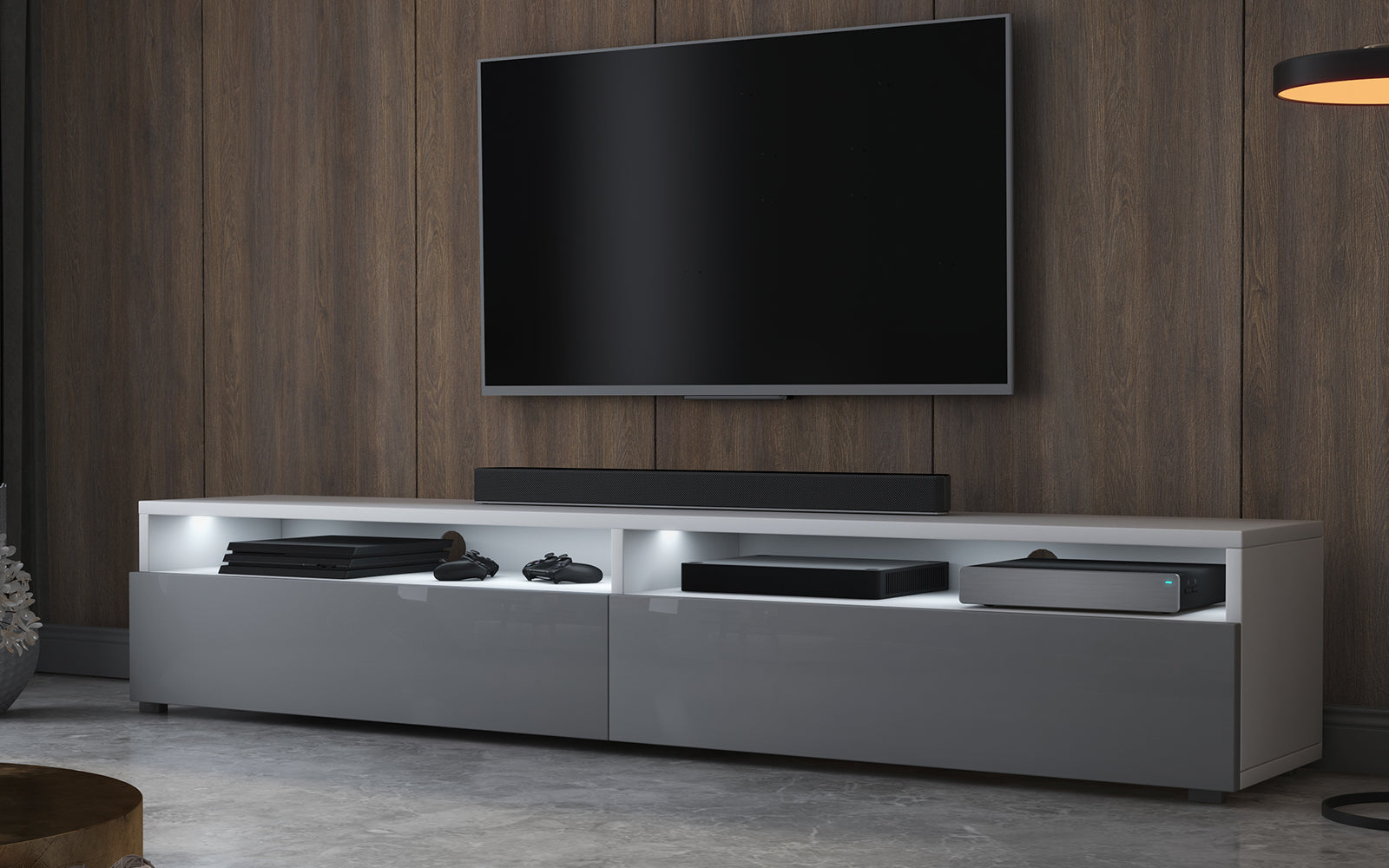 TV-Schrank Rednaw 180 cm Weiß matt / Grau Hochglanz mit Beleuchtung