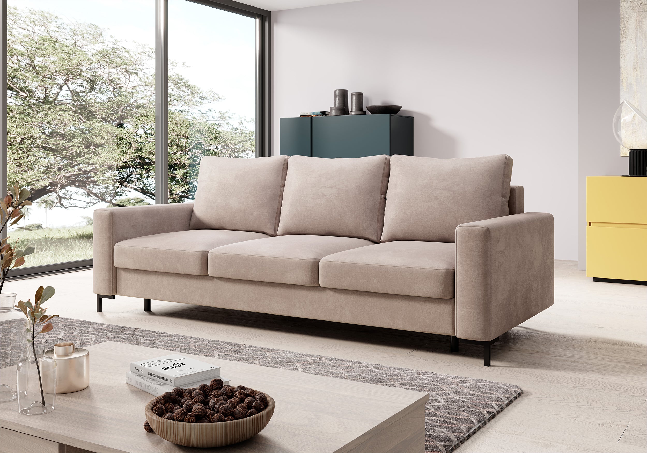 Dreisitziges Schlafsofa Mokpeo mit Stauraum, beige Samt