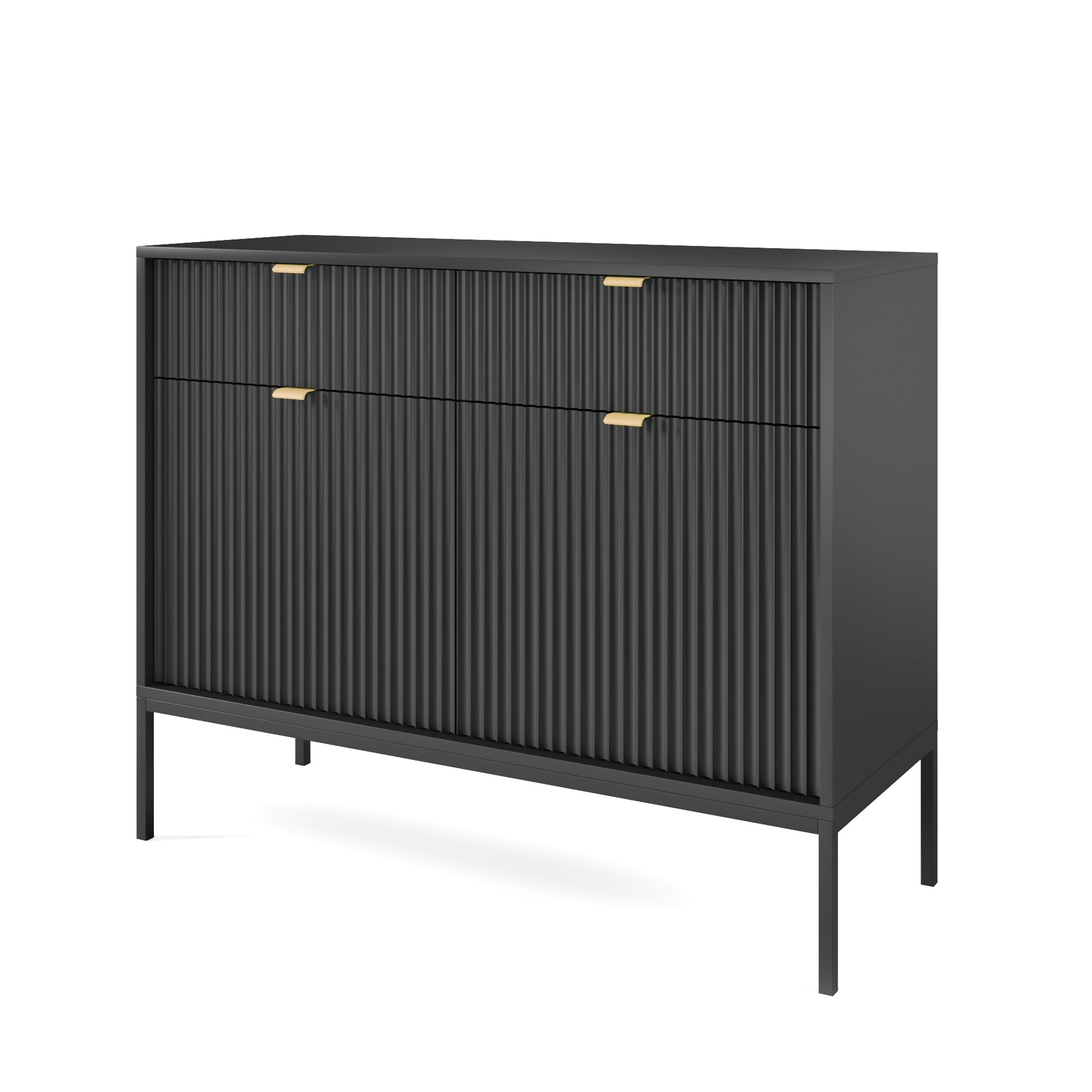 Zweiturige Kommode Vellore 104 cm schwarz mit gerillten Fronten und goldenen Griffen
