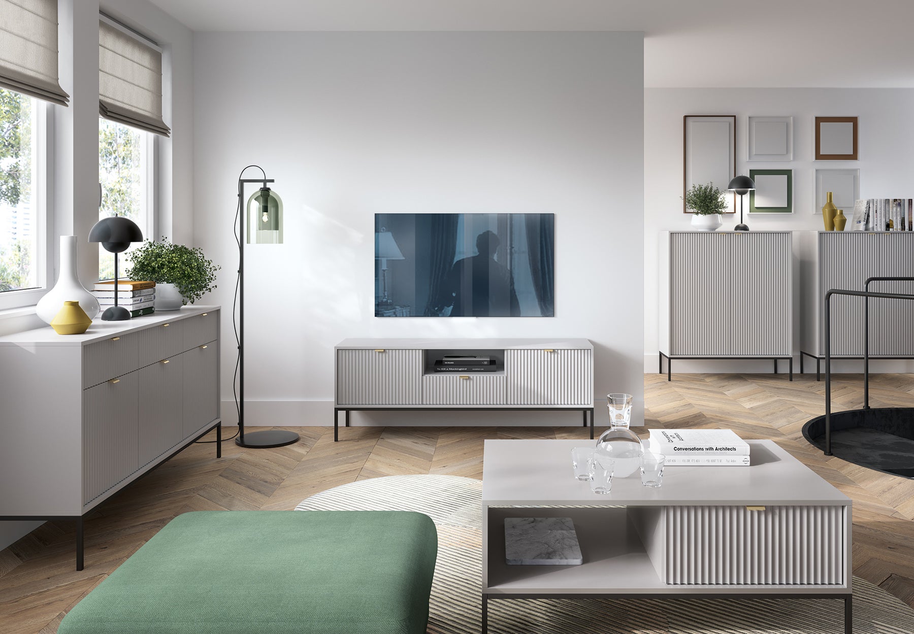 Couchtisch Vellore 104x68 cm grau mit geriffelter Front und goldenem Griff