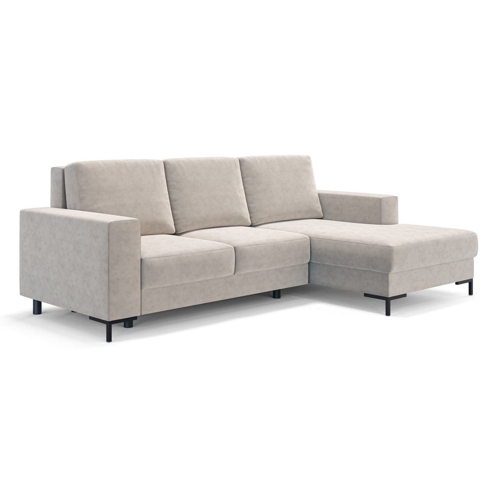 Ecksofa mit Schlafunktion Mokpeo, L-förmig, mit zwei Stauraumfächern auf schwarzen Füßen, beige Cordstoff, rechtsseitig