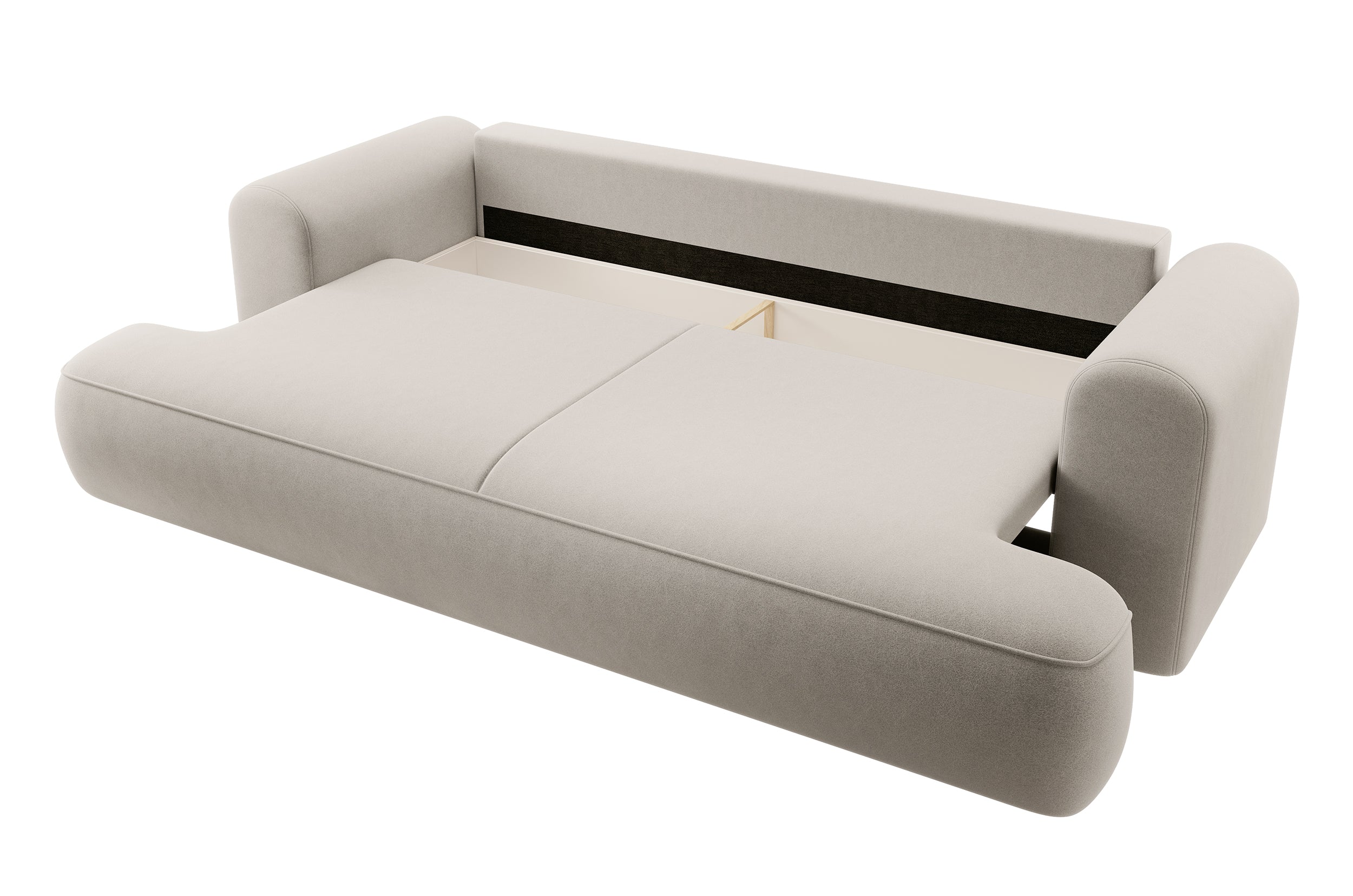 Dreisitziges ausziehbares Sofa Ovo mit Stauraum, cremefarbener Samt aus leicht zu reinigendem Stoff