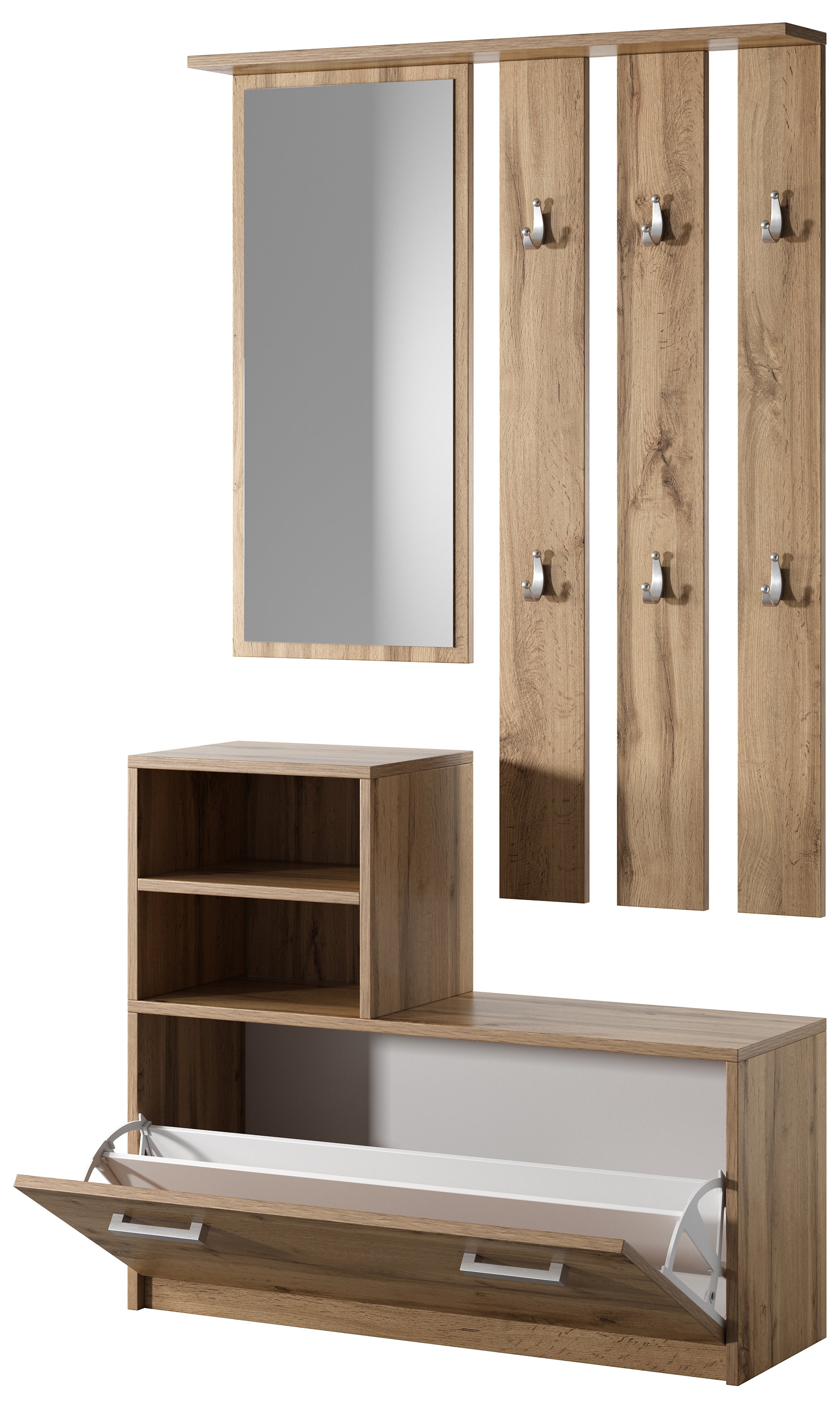Flur-Set Yesfir mit Spiegel, Haken, Regalen und Schuhschrank Wotan-Eiche
