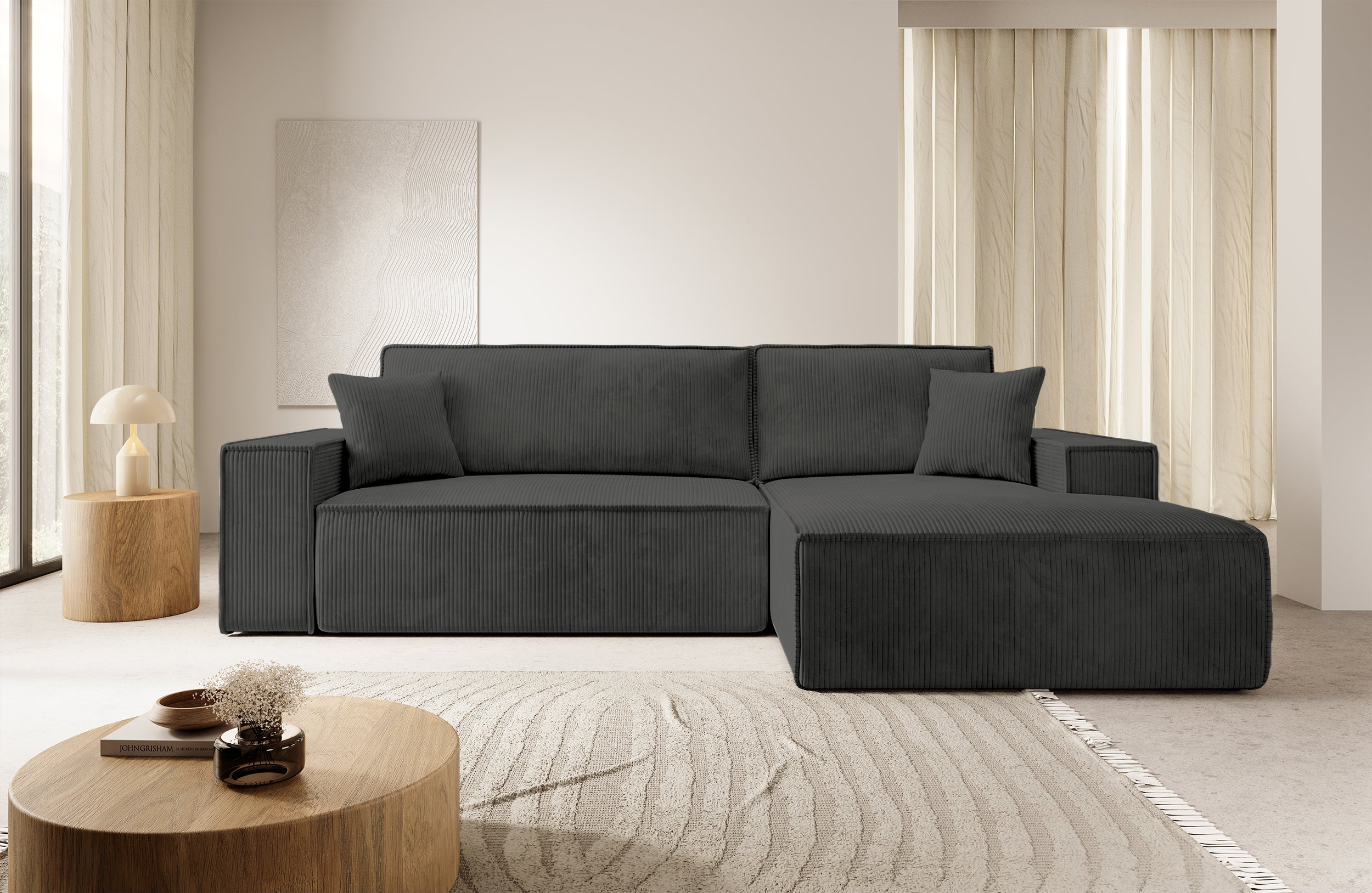 Ecksofa mit Schlafunktion Farese New L-förmig mit Stauraum, dunkelgrauer Cord, rechtsseitig