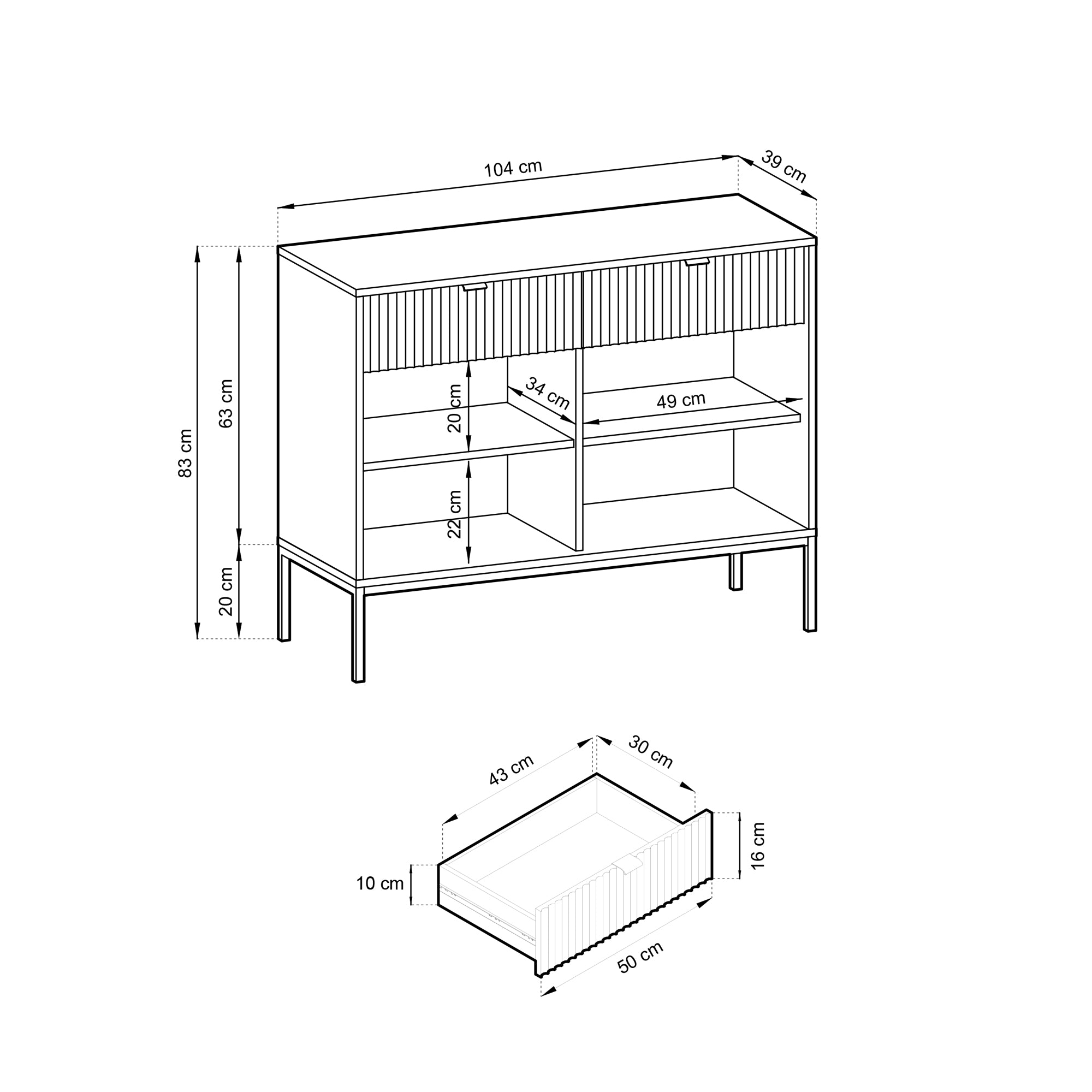 Zweiturige Kommode Vellore 104 cm grau mit geriffelten Fronten und goldenen Griffen