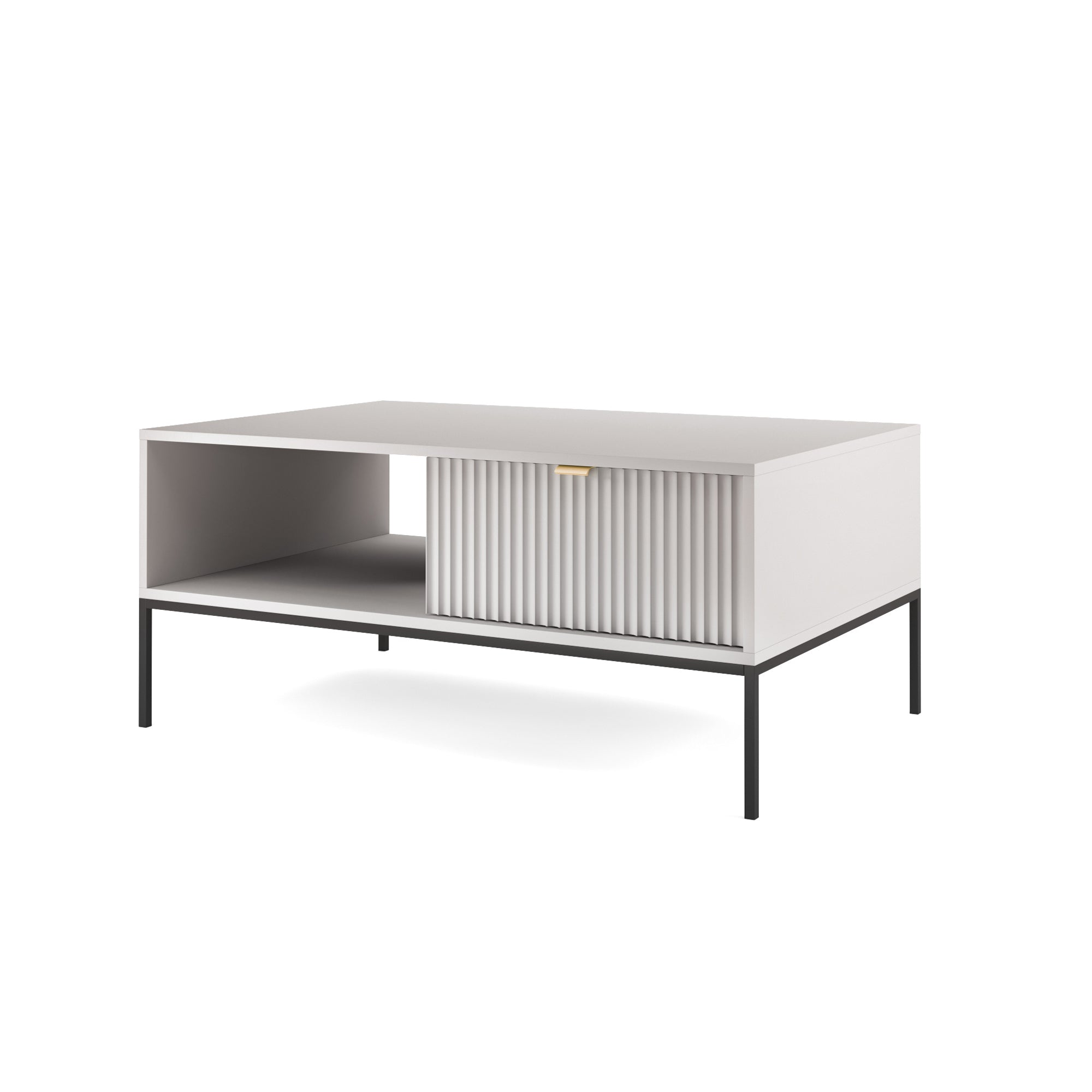 Couchtisch Vellore 104x68 cm grau mit geriffelter Front und goldenem Griff