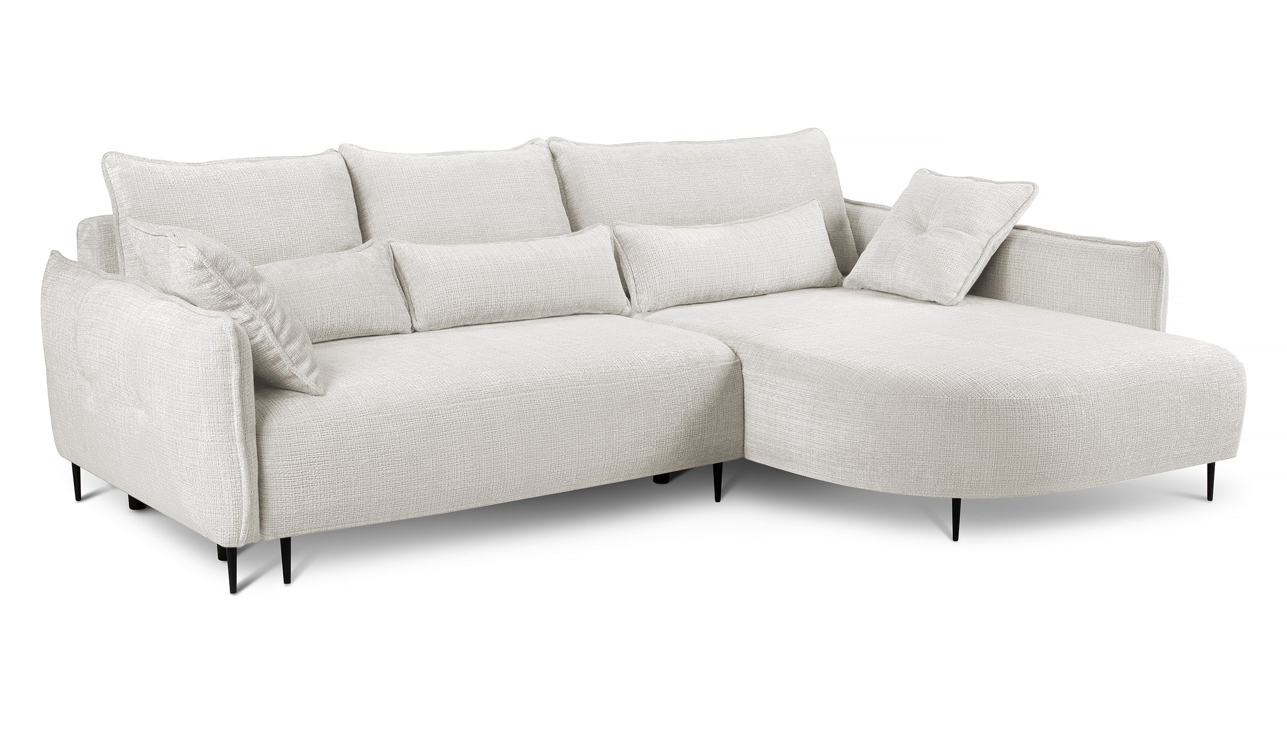 Ecksofa Oblivio mit Schlaffunktion, L-förmig, mit Stauraum, cremefarbener Chenille, rechtsseitig