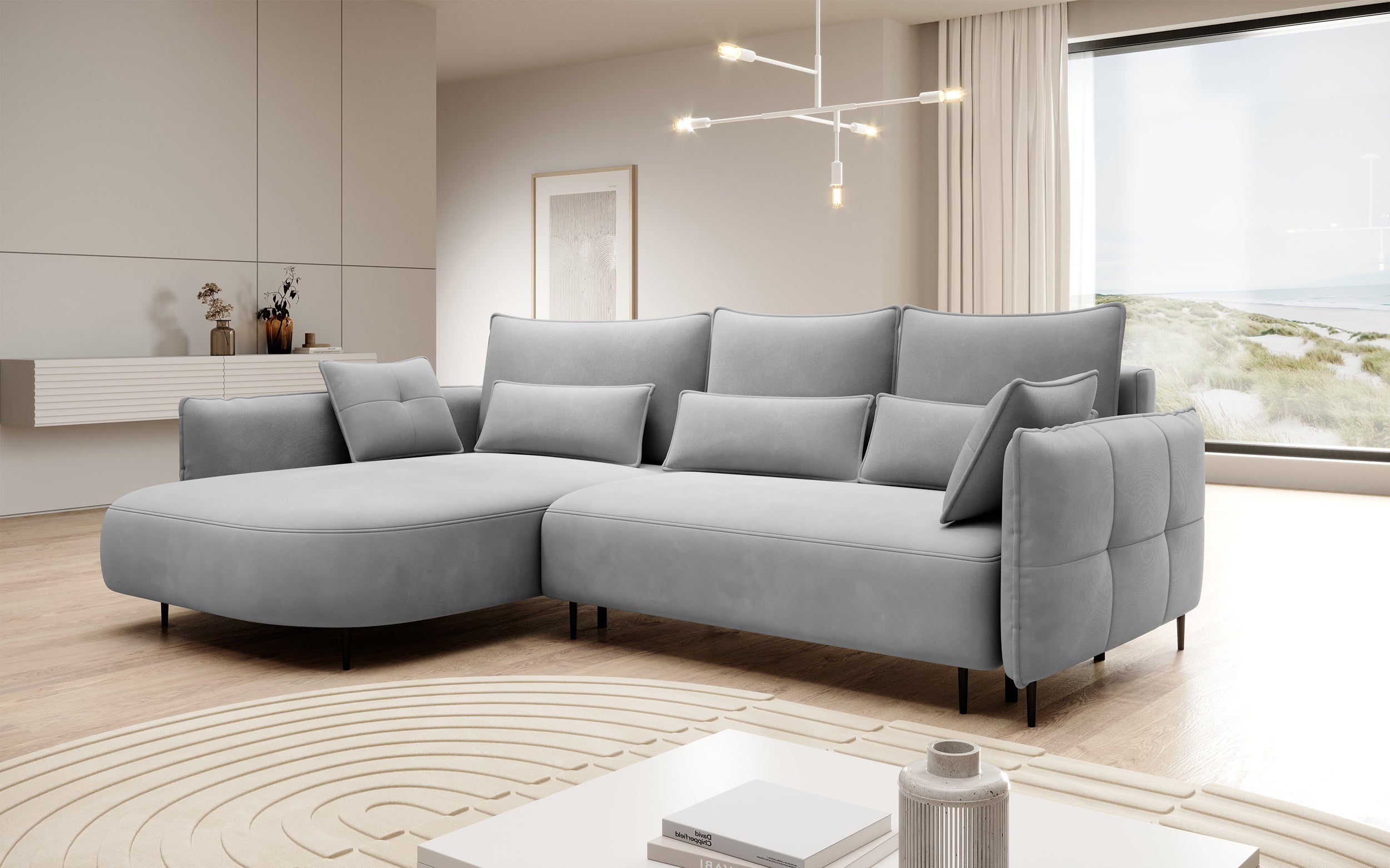 Ecksofa Oblivio mit Schlaffunktion, L-förmig, mit Stauraum, grauer Samt, linksseitig, wasserabweisend