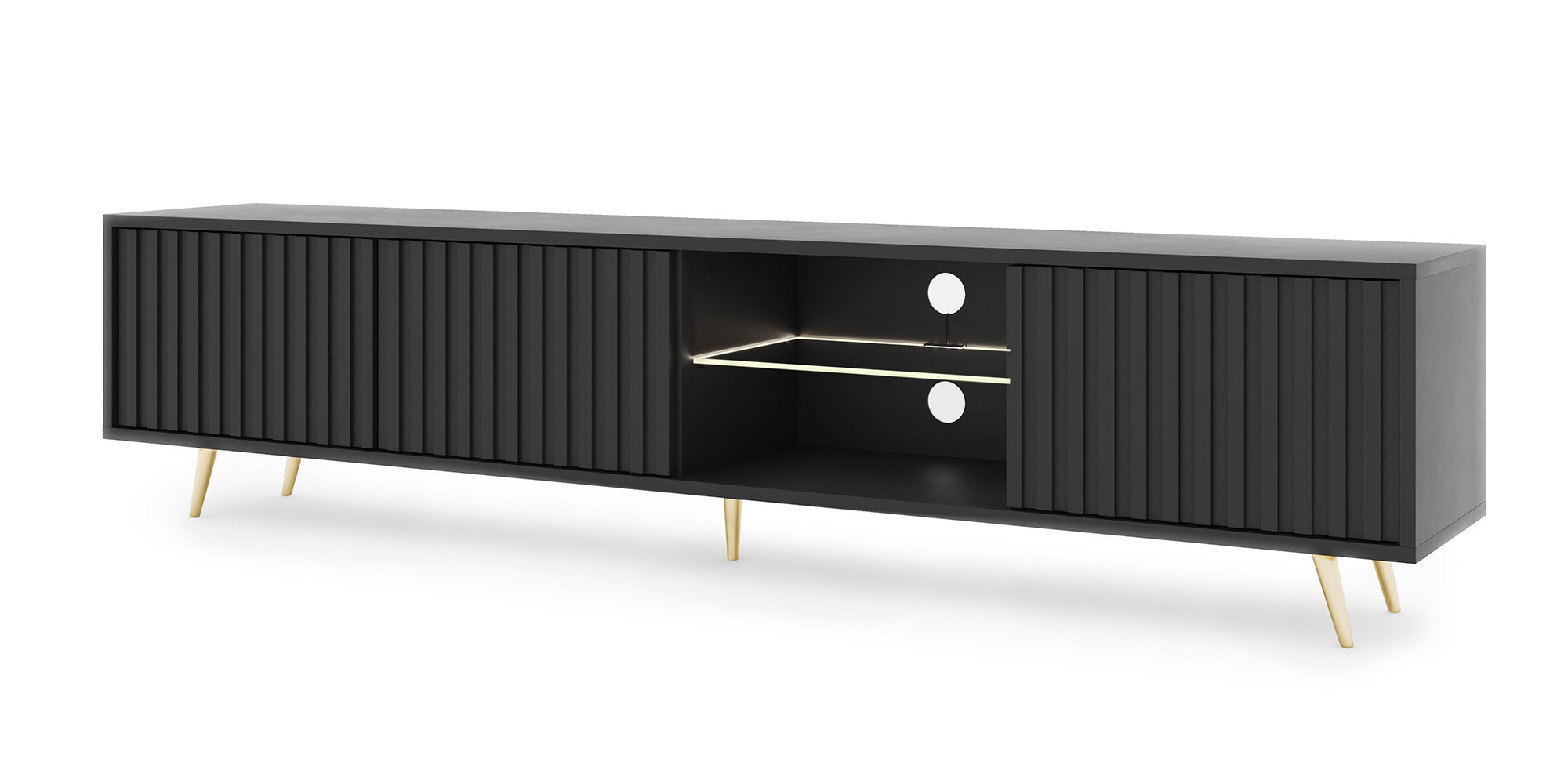 TV-Schrank Bello mit Lamellenfronten, 175 cm, schwarz, mit LED und goldenen Beinen
