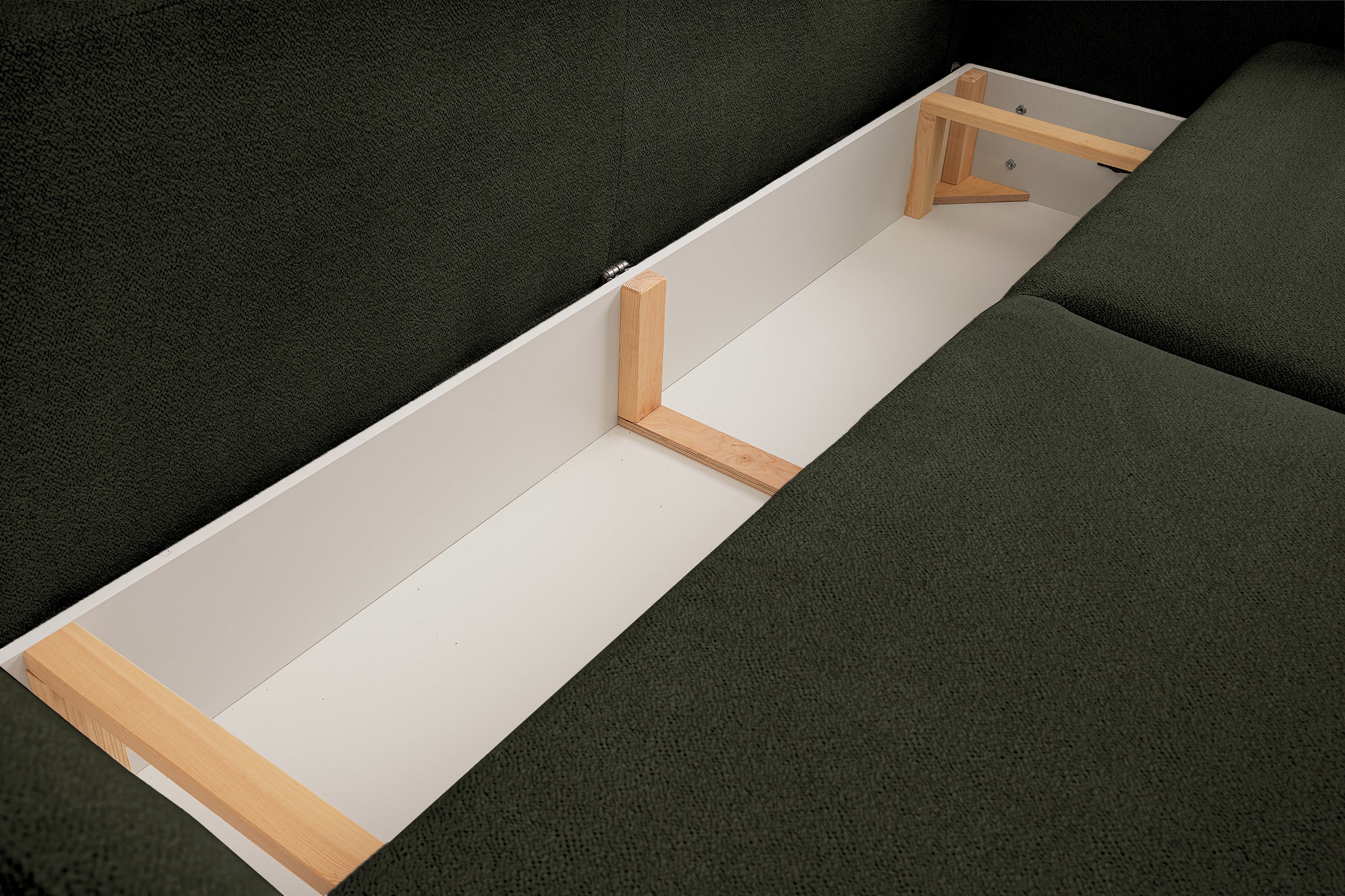 Dreisitziges ausklappbares Sofa Ovally mit Stauraum, olivgrüner Chenille