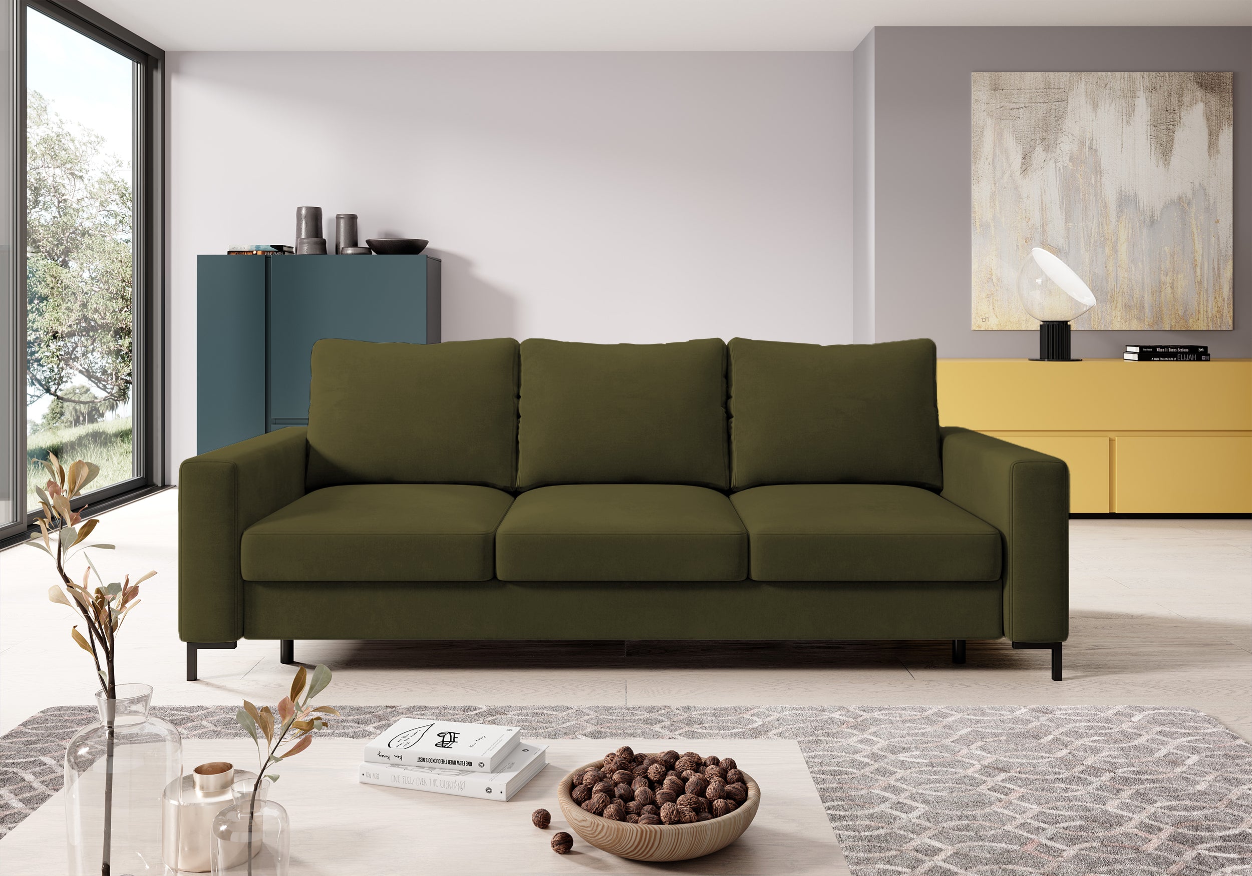 Dreisitziges ausklappbares Sofa Mokpeo mit Stauraum, olivgrüner Samtbezug