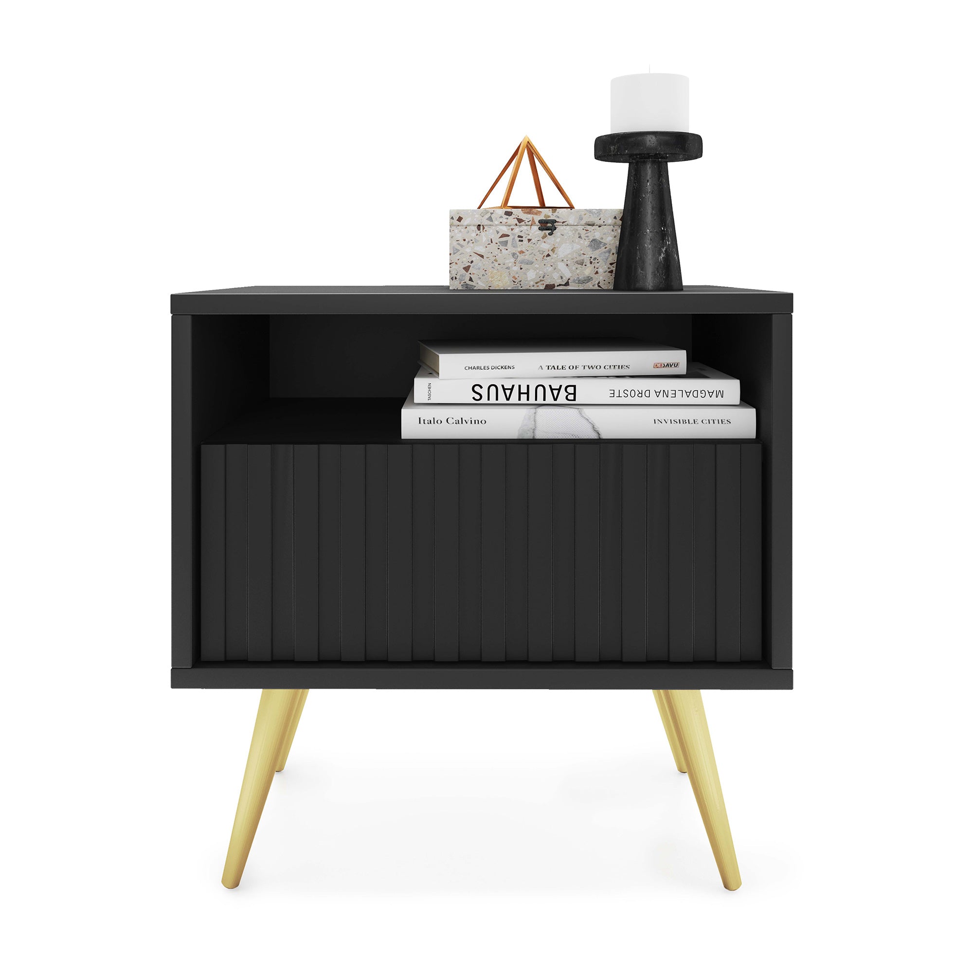 Nachttisch Bello mit Schublade und lamellenförmiger Front, schwarz mit goldenen Beinen