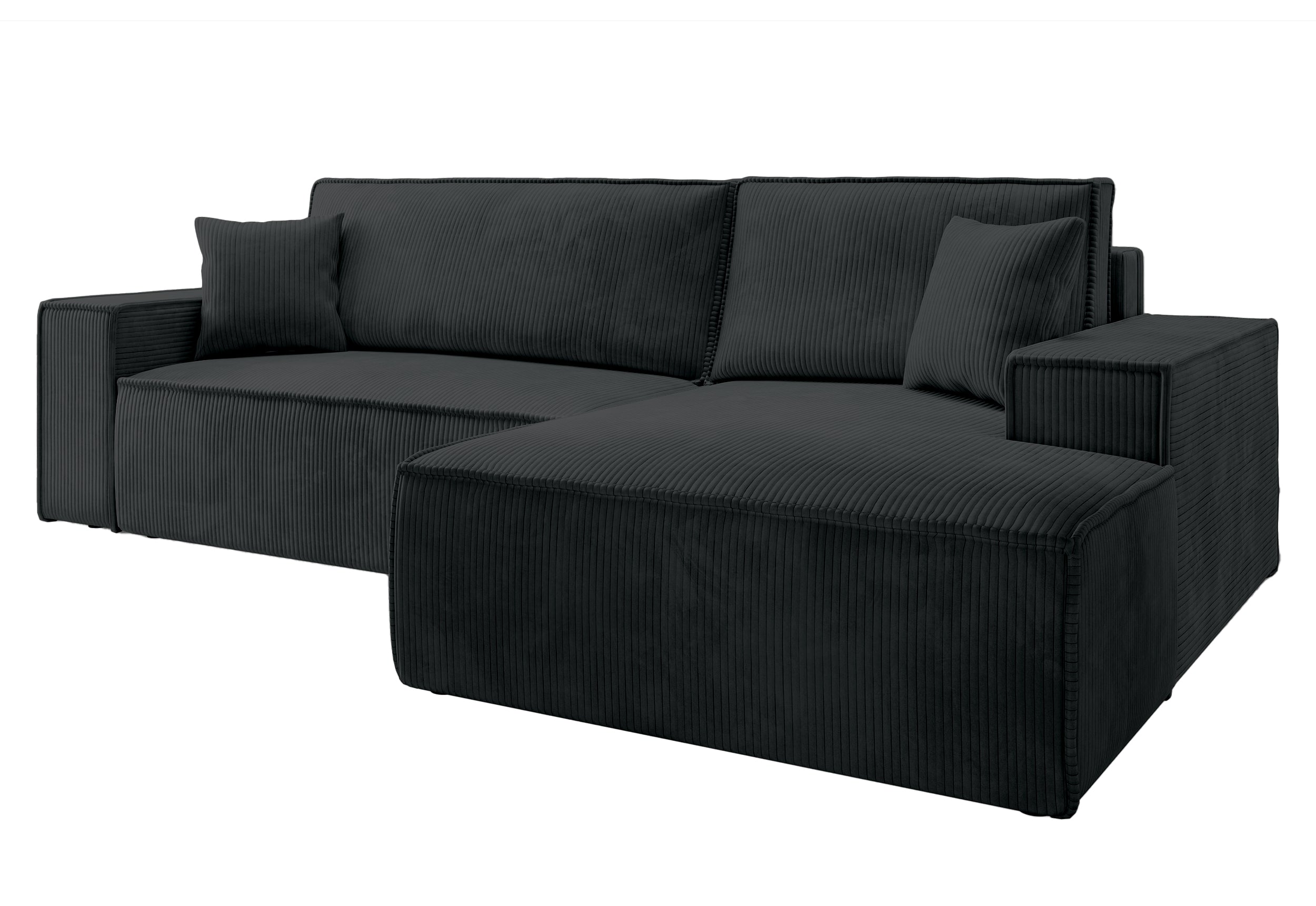 Ecksofa mit Schlaffunktion Farese New, L-förmig, mit Stauraum, schwarzer Cord, rechtsseitig