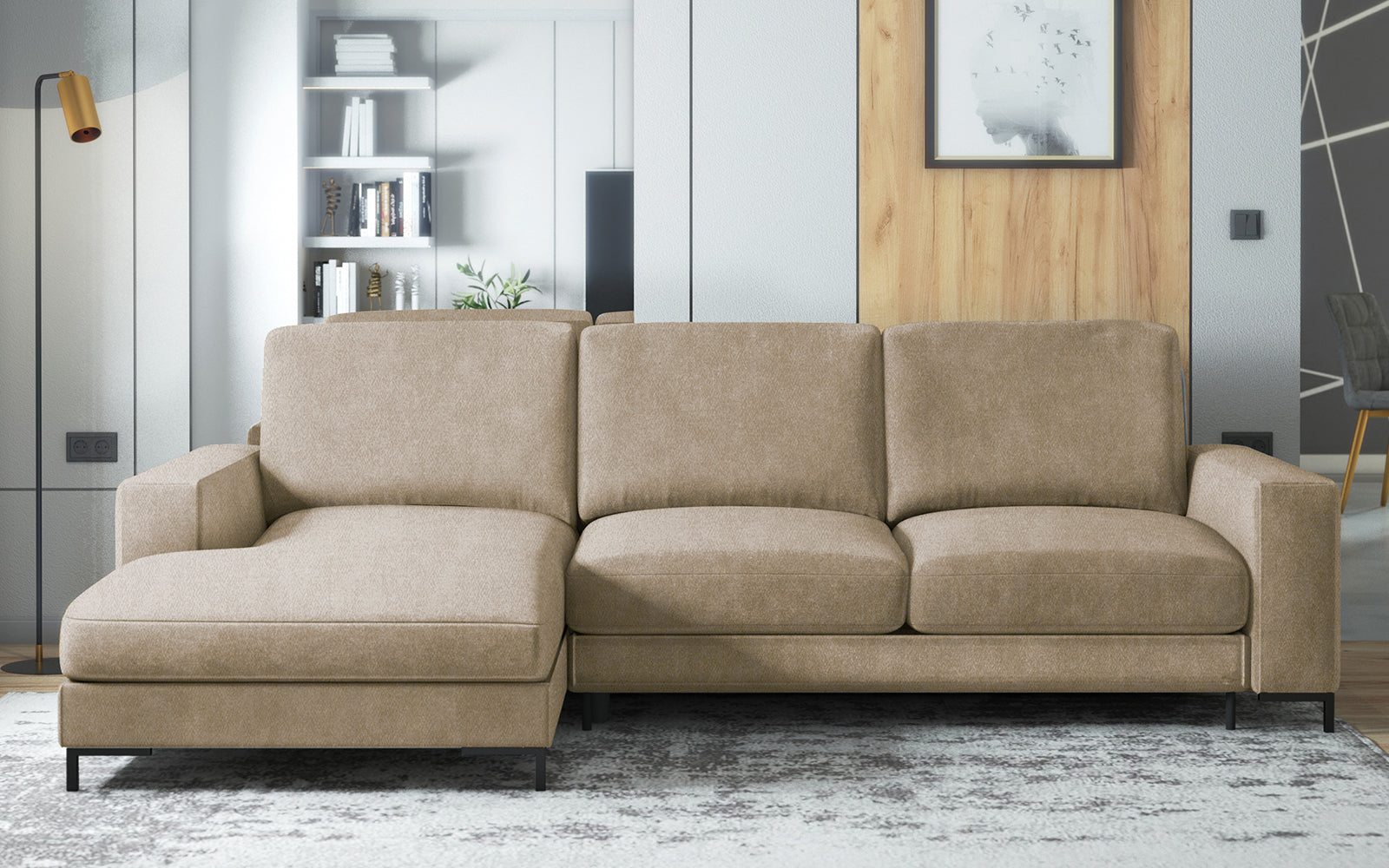 Ecksofa mit Schlaffunktion Mokpeo, L-förmig, mit zwei Stauraumfächern auf schwarzen Füßen, beige, aus pflegeleichtem Stoff, linksseitig