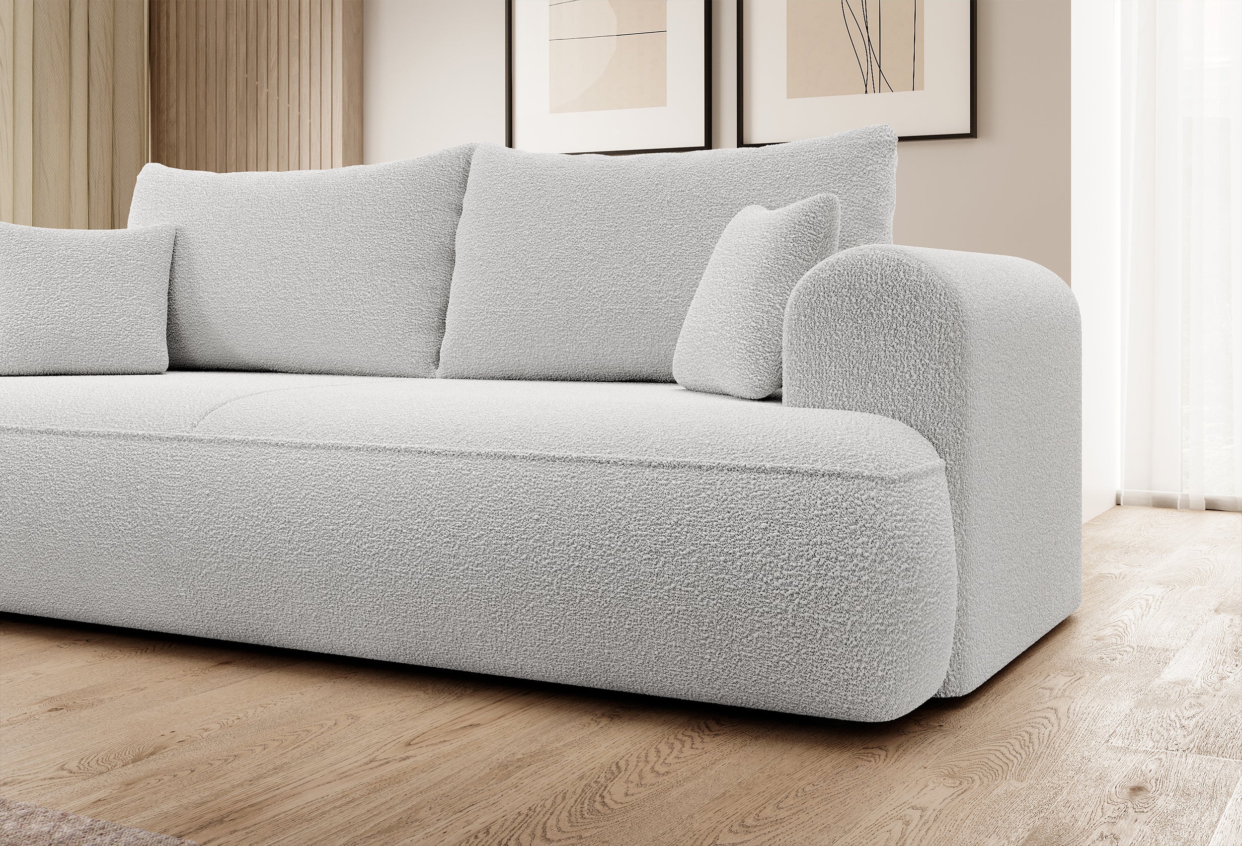 Dreisitziges ausklappbares Sofa Ovo mit Stauraum, grauer Bouclé-Stoff