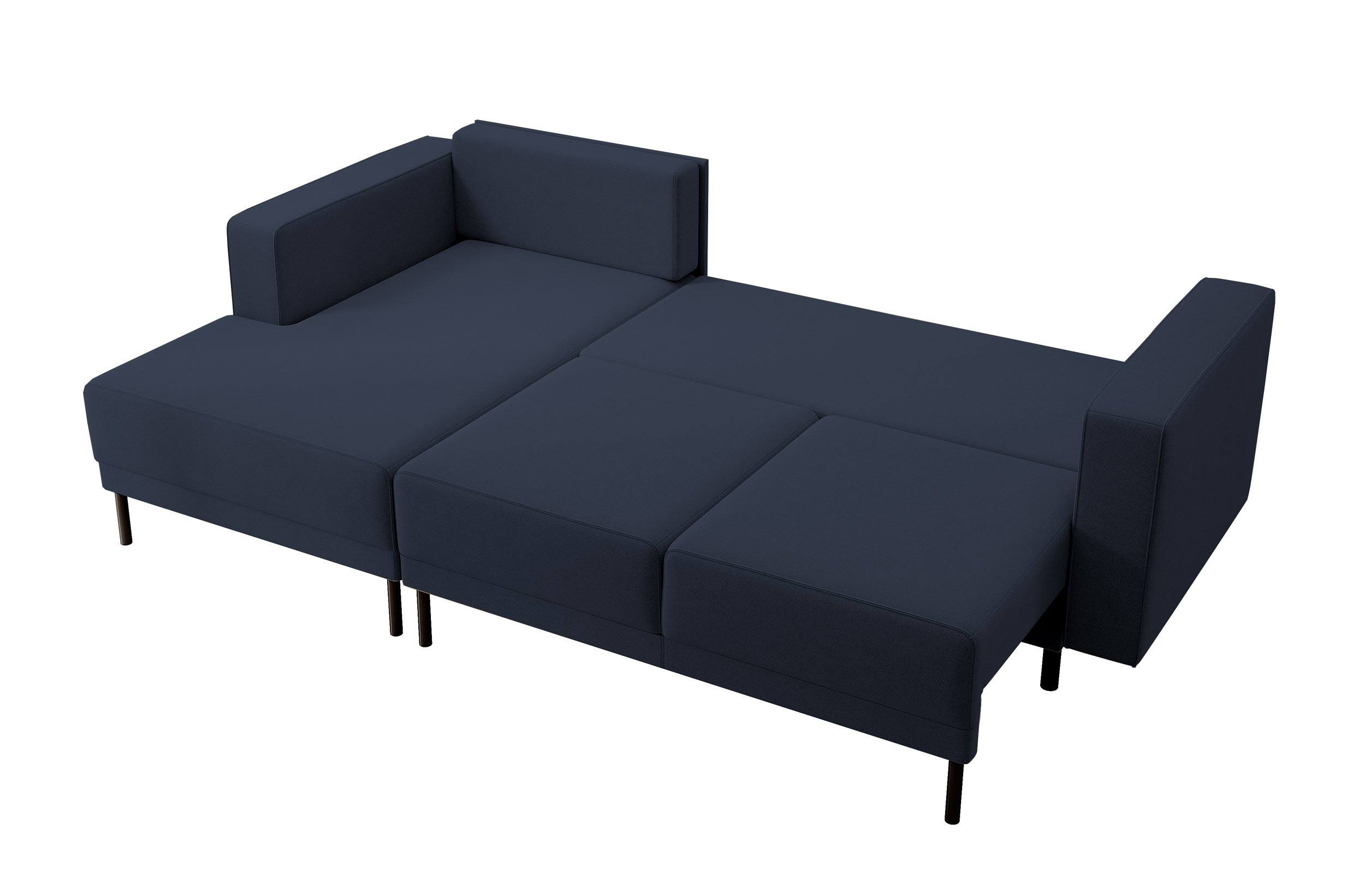 Ecksofa mit Schlaffunktion Rodario mini, L-förmig, mit Stauraum, marineblauer samtartiger, leicht zu reinigender Stoff, linksseitig