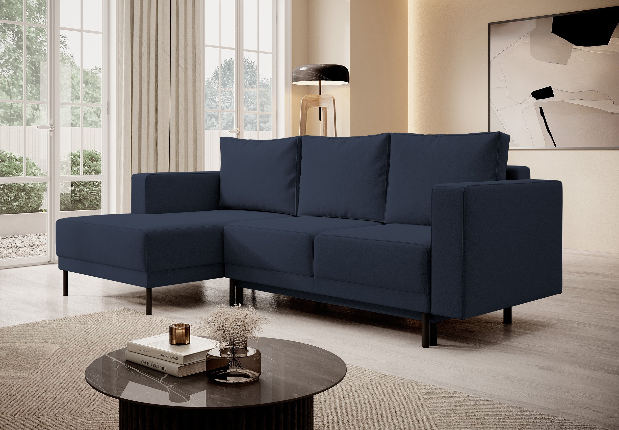 Ecksofa mit Schlaffunktion Rodario mini, L-förmig, mit Stauraum, marineblauer samtartiger, leicht zu reinigender Stoff, linksseitig