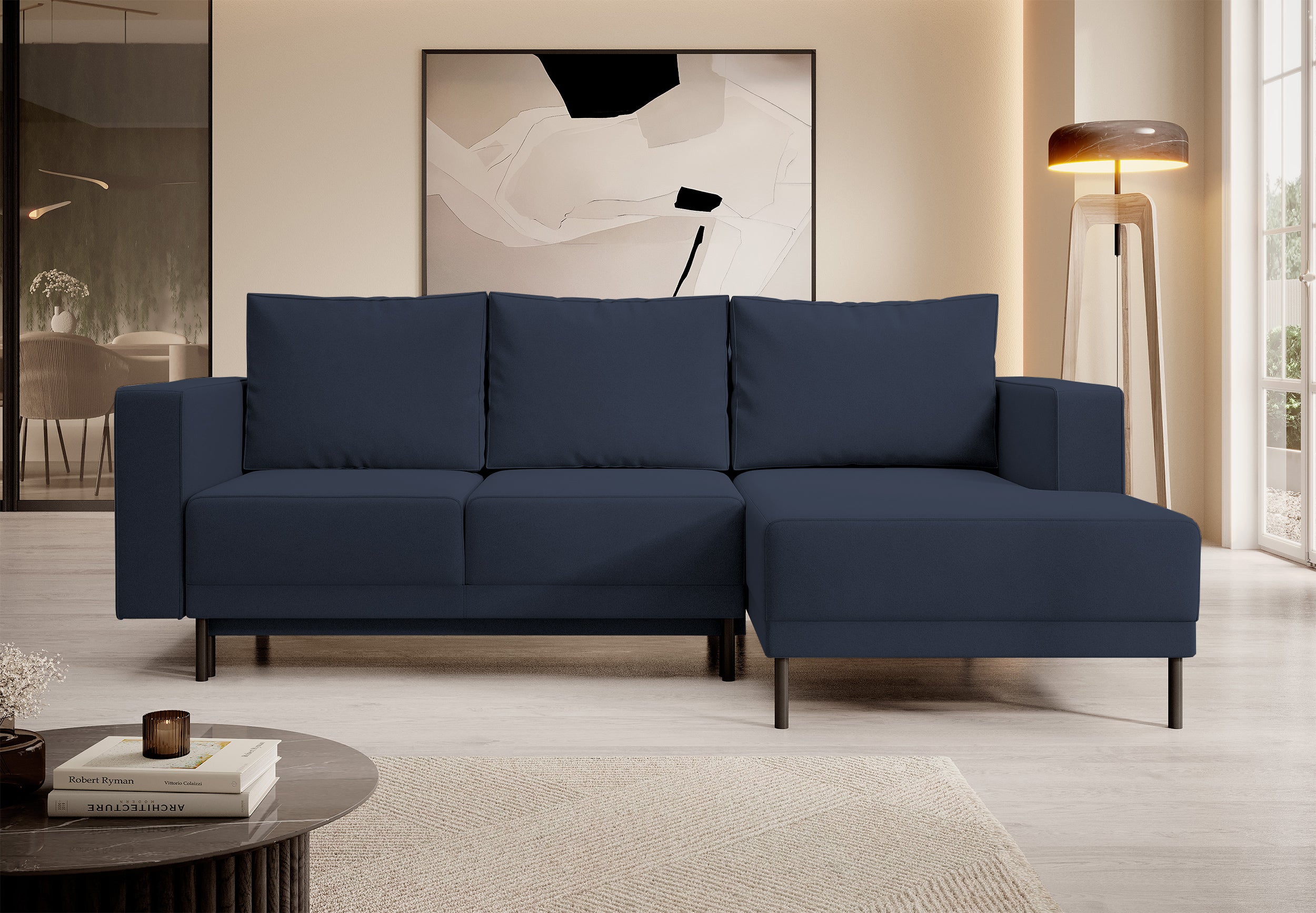 Ecksofa mit Schlaffunktion Rodario Mini, L-förmig, mit Stauraum, marineblauer, pflegeleichter Samt, rechtsseitig